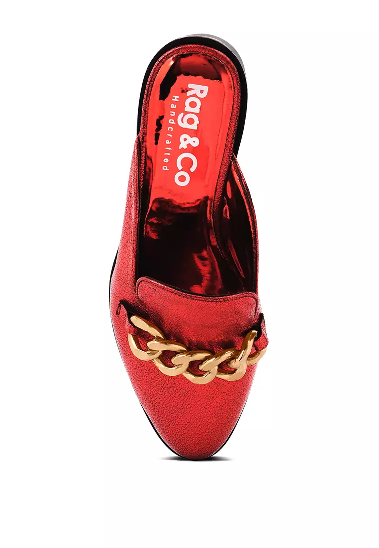 Rag & CO. Metal Chain Red Leather Mules