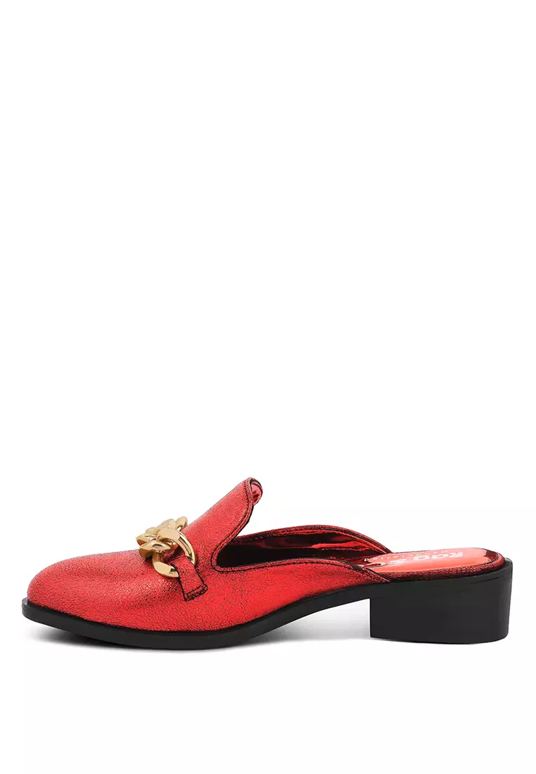 Rag & CO. Metal Chain Red Leather Mules