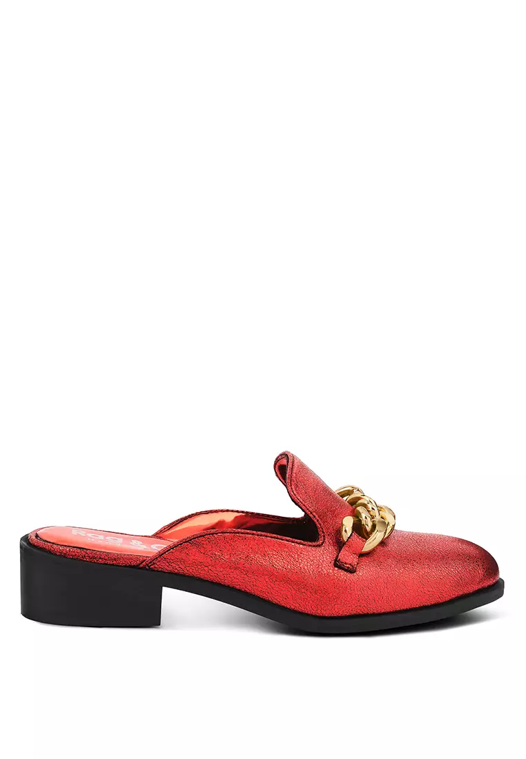 Rag & CO. Metal Chain Red Leather Mules