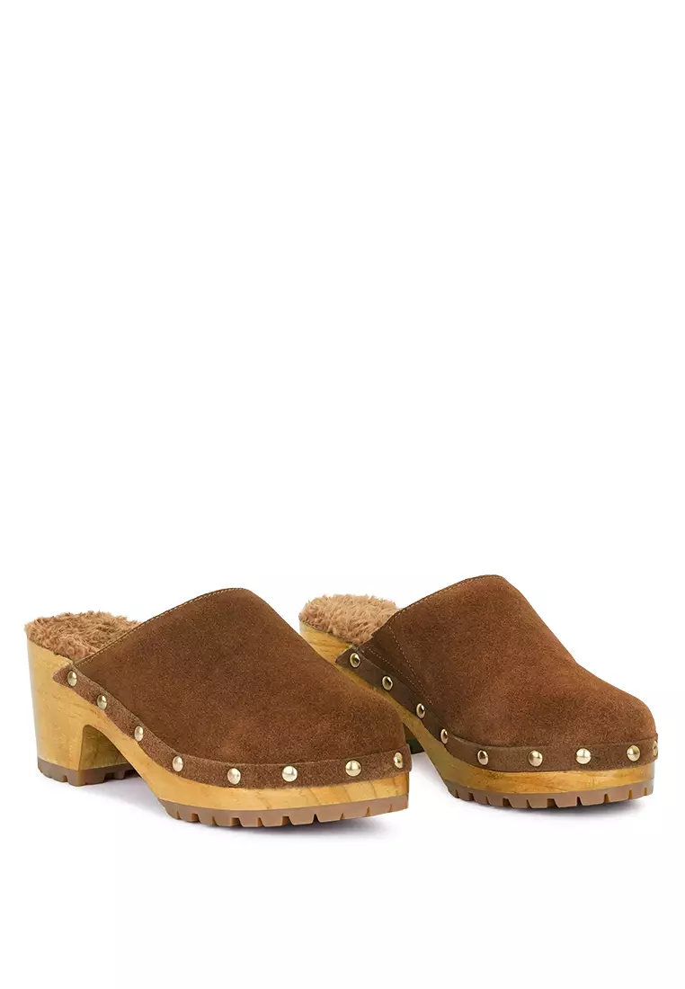 Rag & CO. Suede Clog Mules in Tan