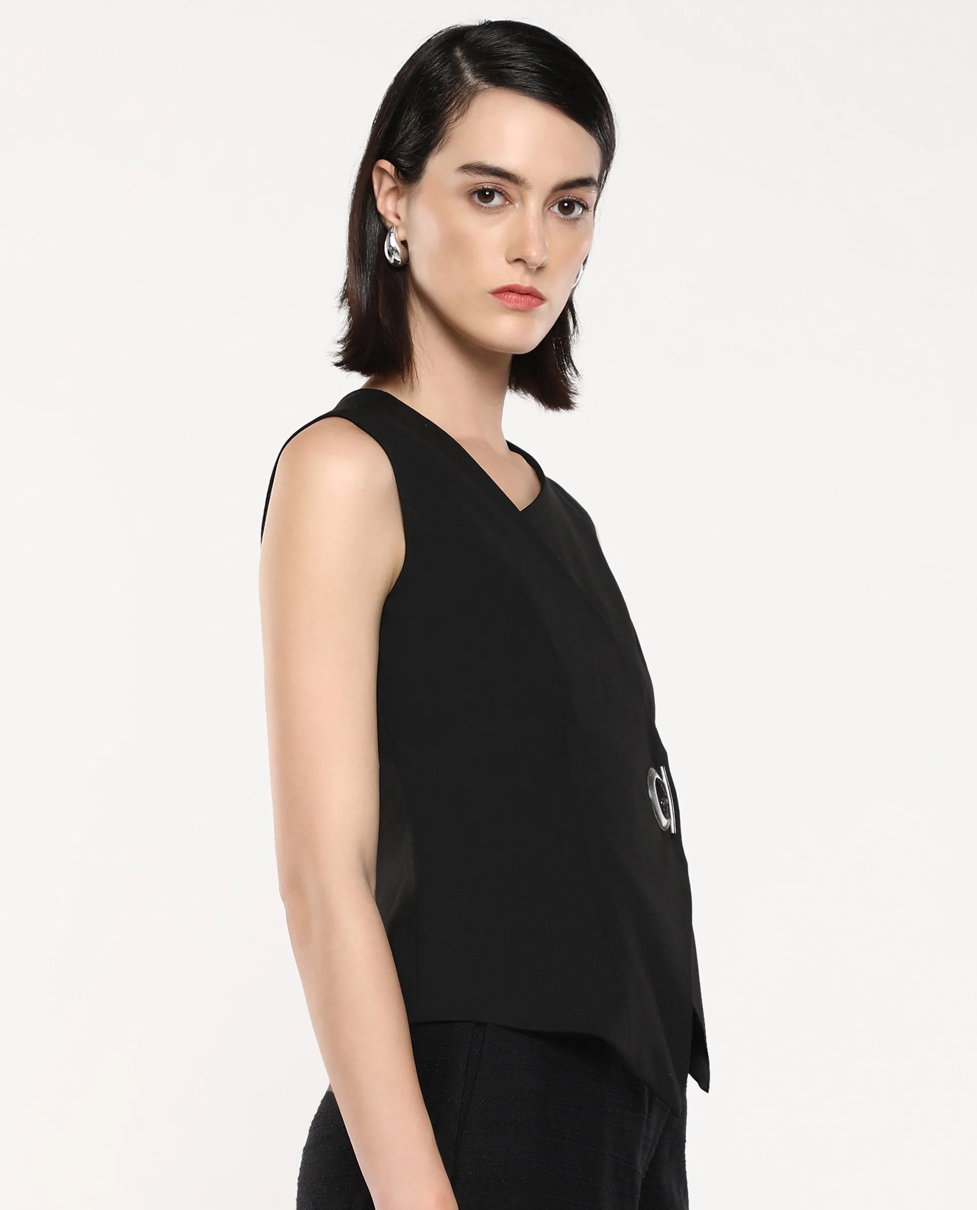 Rareism Women Achilles Black Sleeveless Asymmetric Neck Zipper Closure Fitted Plain Top