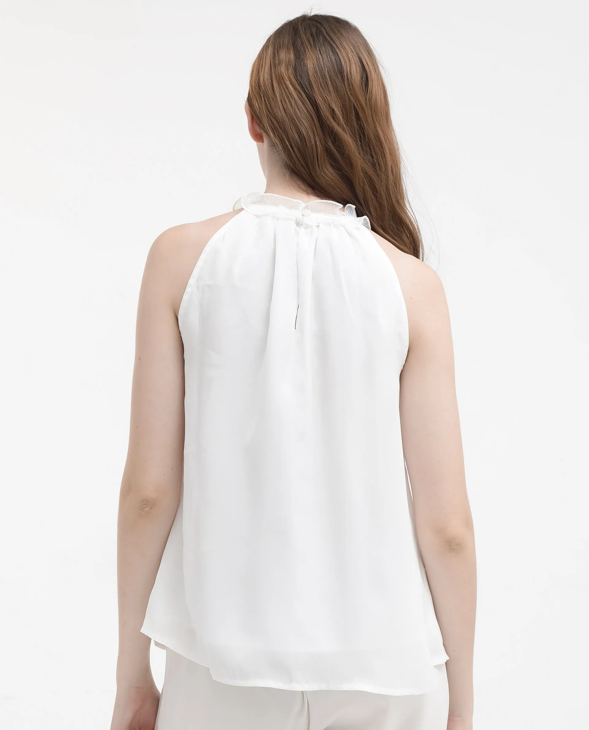 Rareism Women Akane White Polyester Fabric Halter neck Sleeveless Round Neck  Solid Top