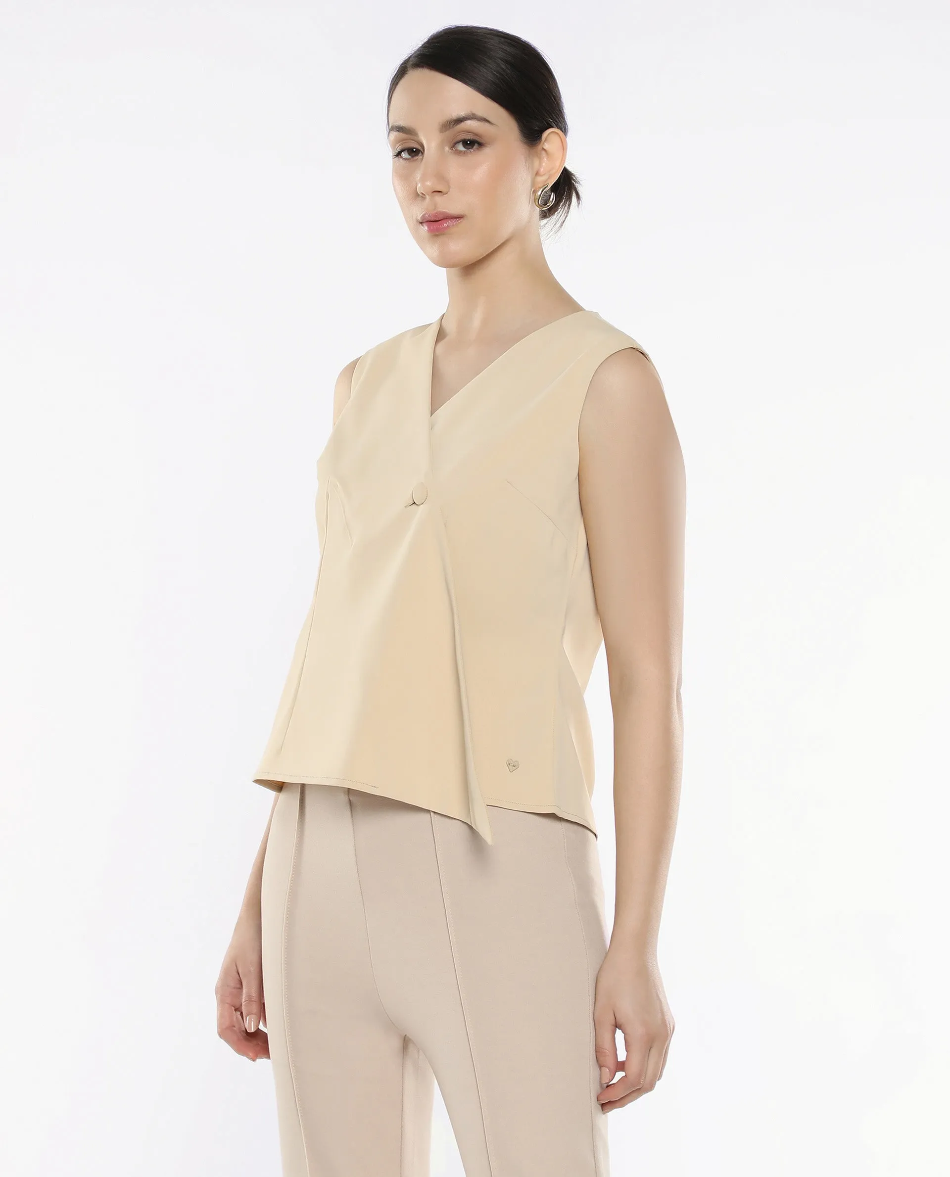 Rareism Women Alnam Beige Satin Sleeveless Over Lap Neck Button Closure Plain Top