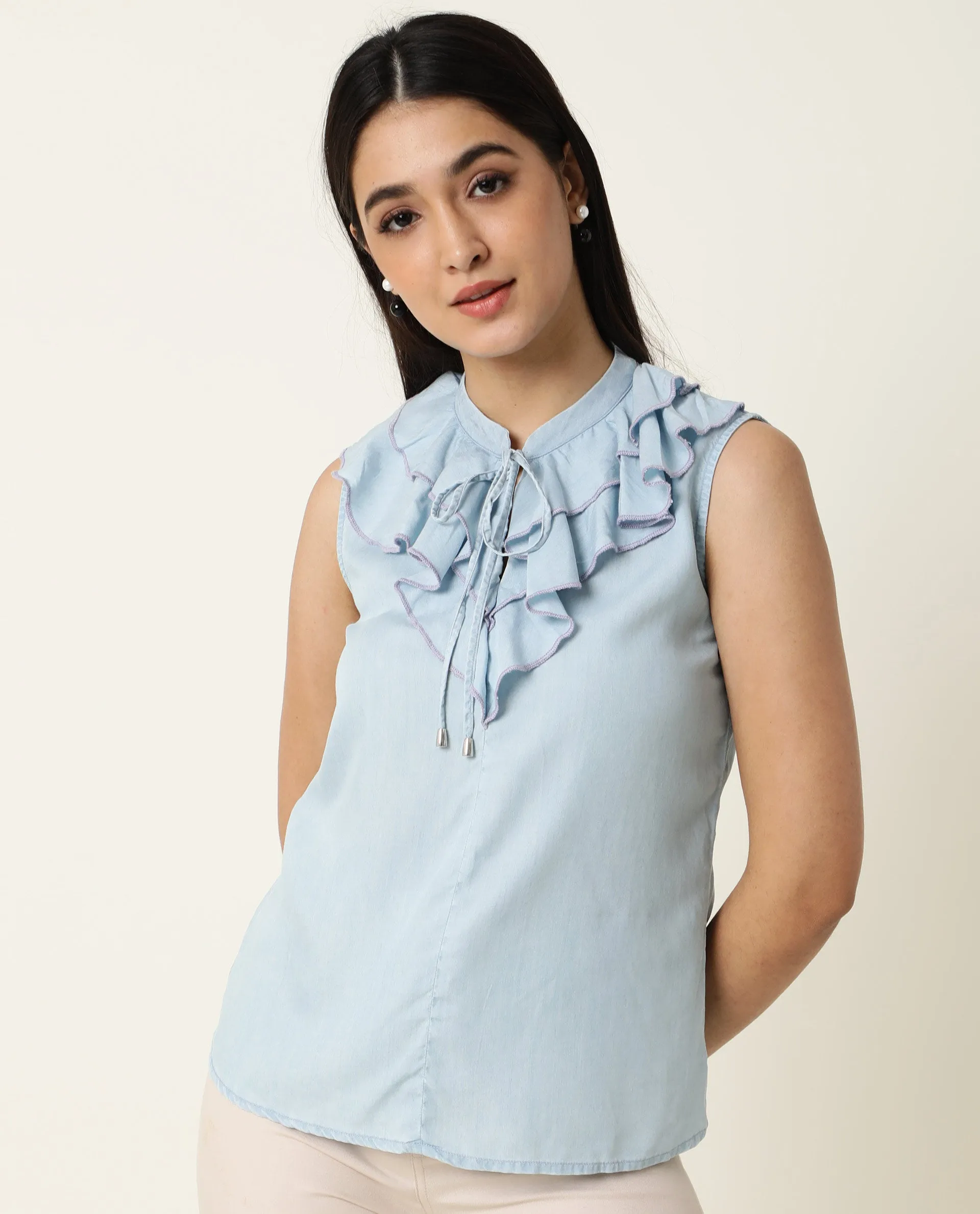 Rareism Women Cage Light Blue Tencel Fabric Tailored Fit Key Hole Neck Sleeveless Solid Top