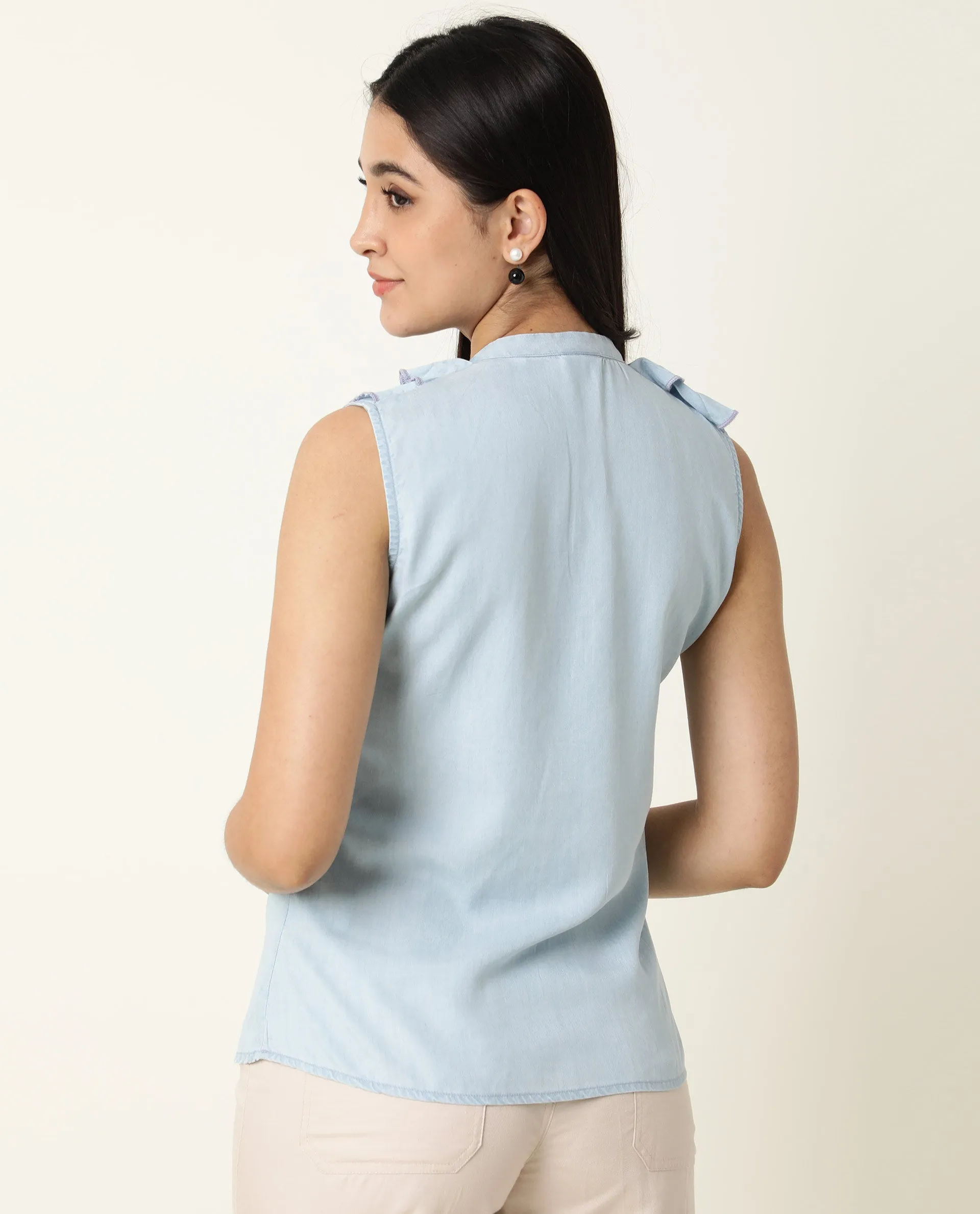 Rareism Women Cage Light Blue Tencel Fabric Tailored Fit Key Hole Neck Sleeveless Solid Top