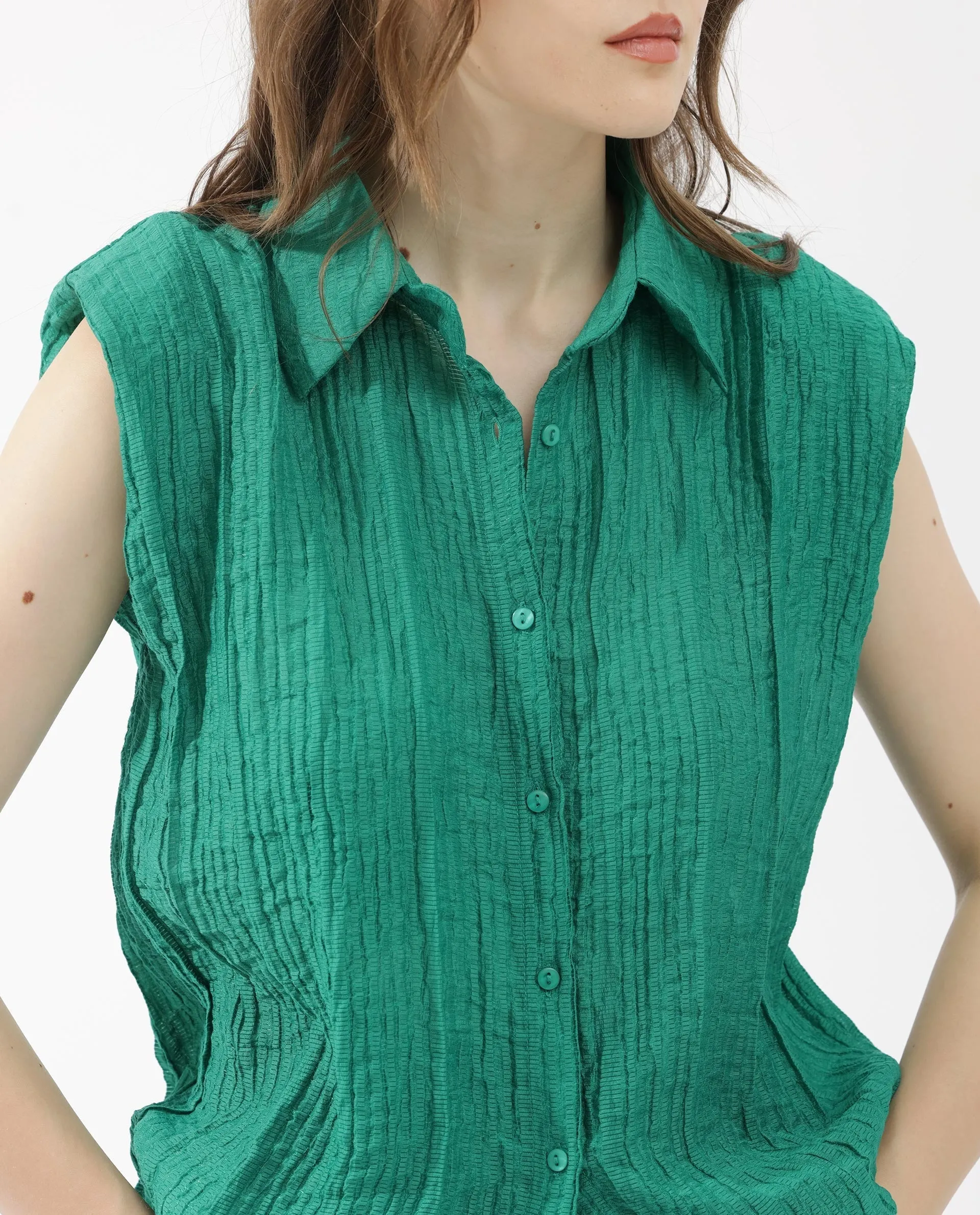 Rareism Women Drummy Green Rayon Nylon Fabric Sleeveless Collared Neck Solid Regular Length Top