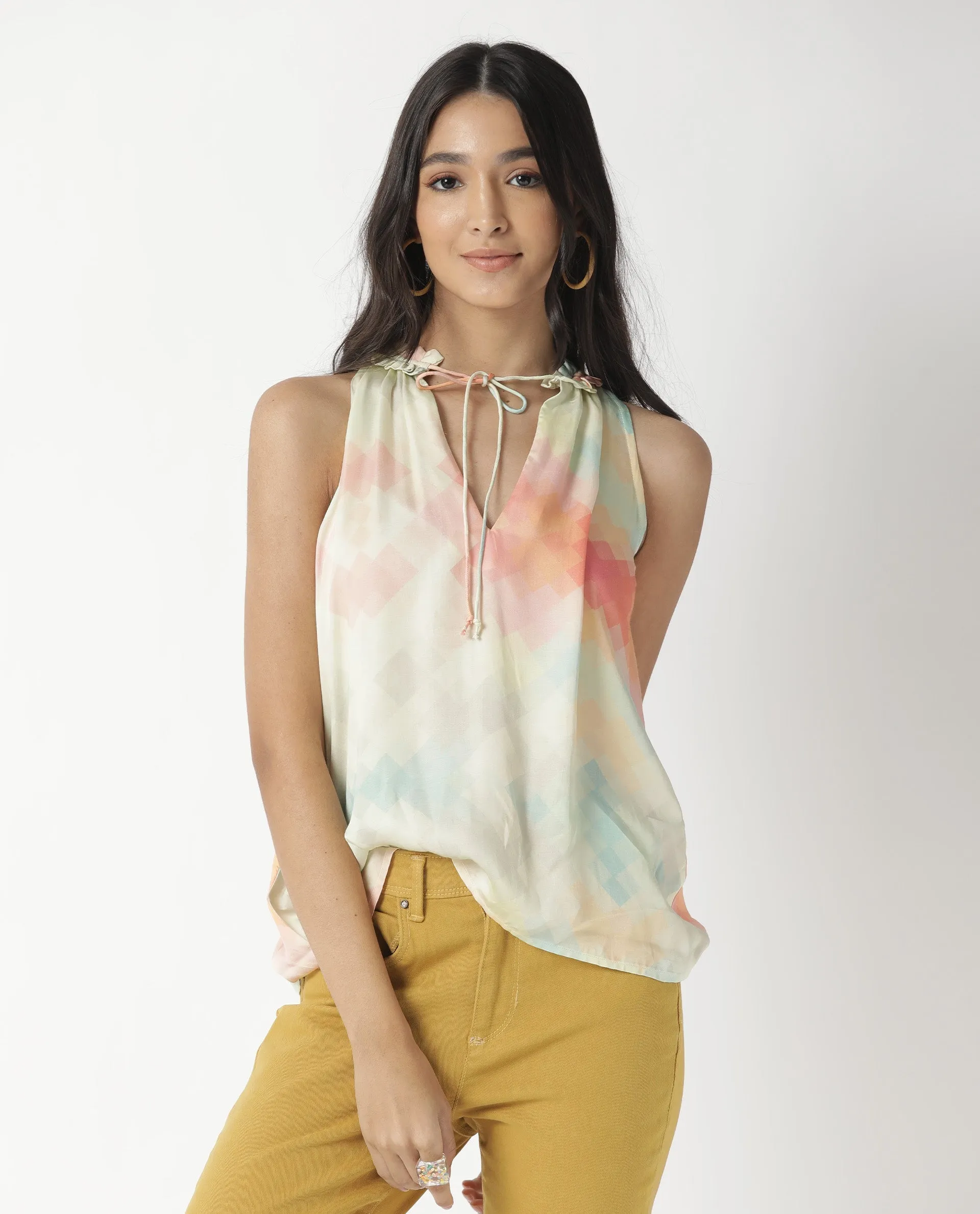 Rareism Women Groot Off White Modal Fabric Relaxed Fit Tie-Up Neck Sleeveless Abstract Print Top