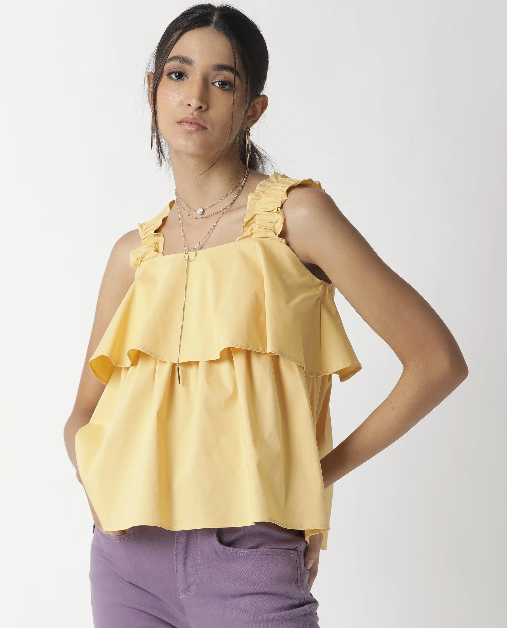 Rareism Women Indika Yellow Cotton Lycra Fabric Relaxed Fit Square Neck Sleeveless Solid Top