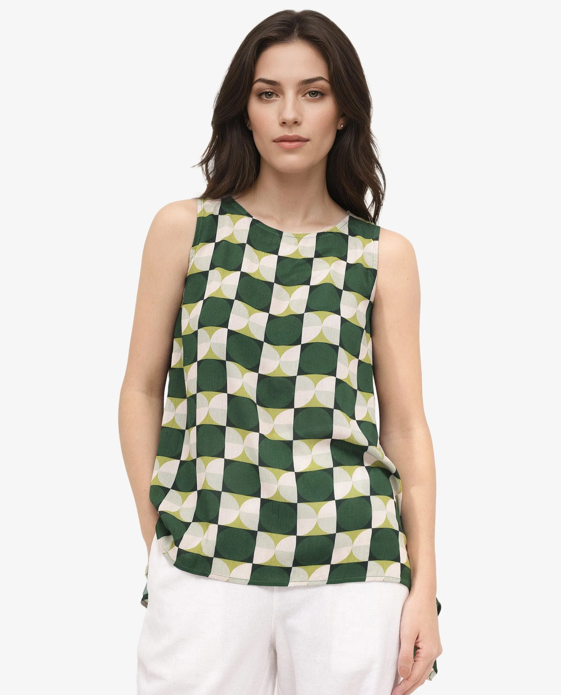 Rareism Women Janus Dark Multi Viscose Sleeveless Crew Neck Geometric Print Top