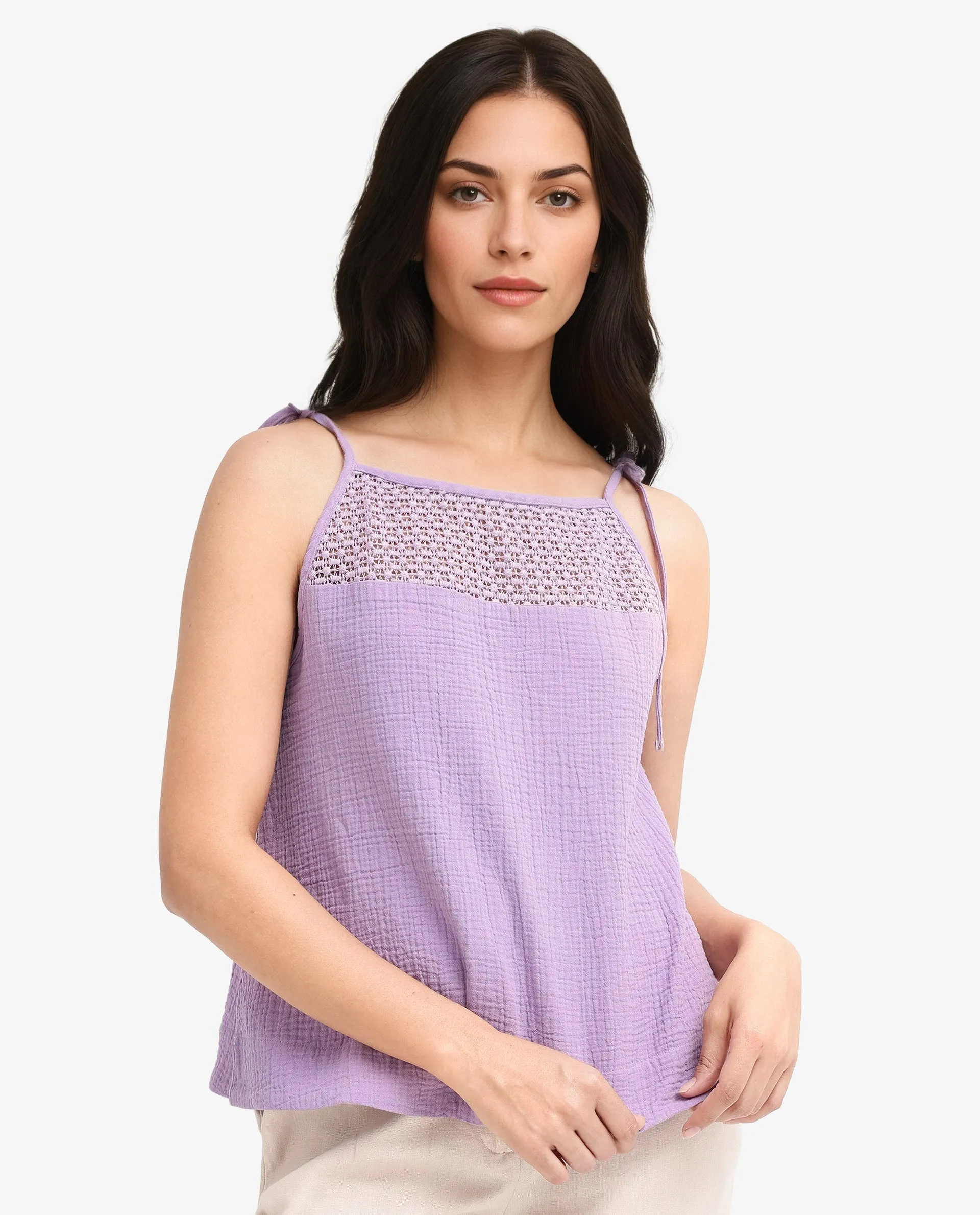 Rareism Women Jordyn-T Pastel Purple Cotton Fabric Sleeveless Shoulder Straps Tie Up Closure Plain Top