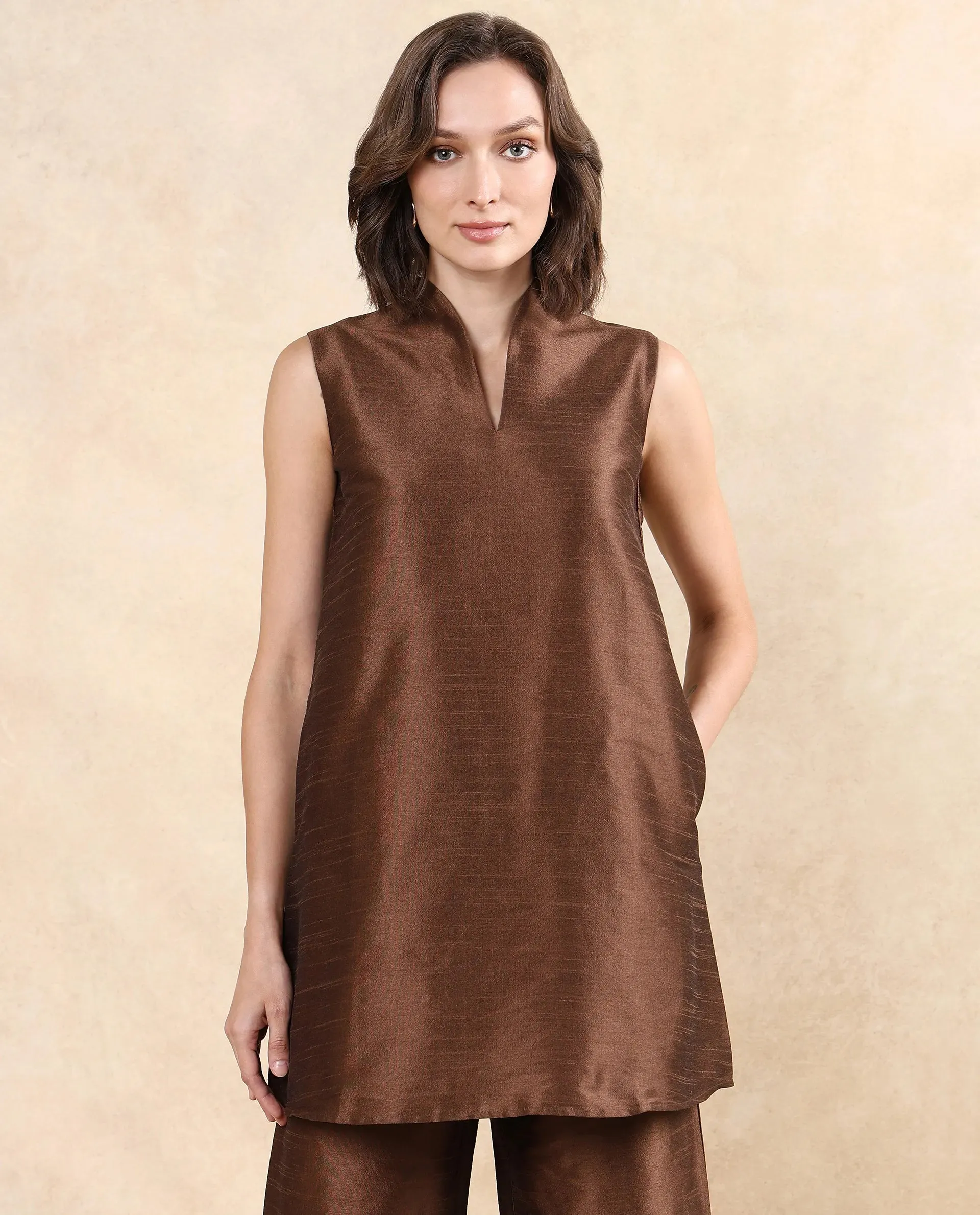 Rareism Women Kamla Dark Brown Sleeveless V-Neck Knee Length Plain Top