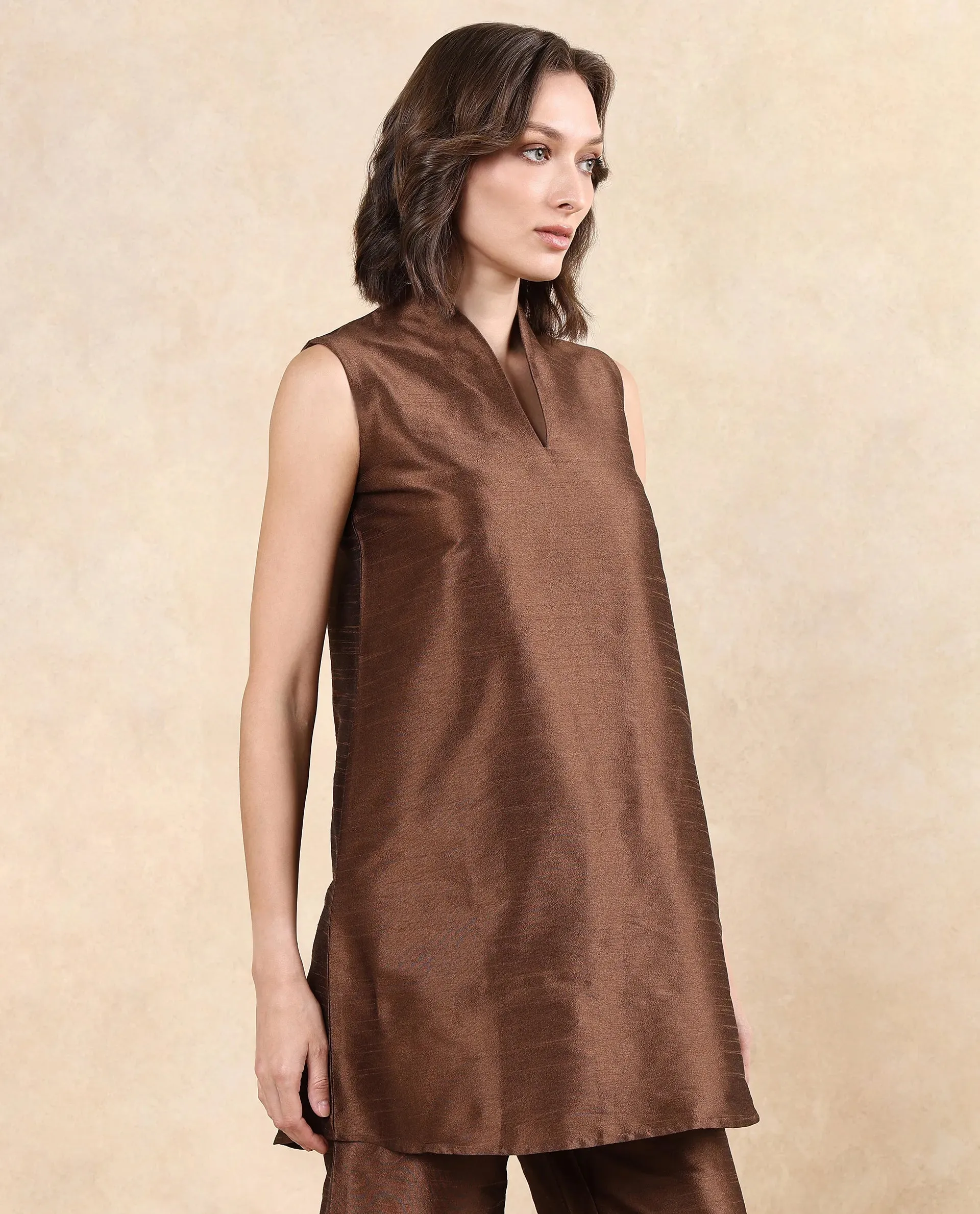 Rareism Women Kamla Dark Brown Sleeveless V-Neck Knee Length Plain Top