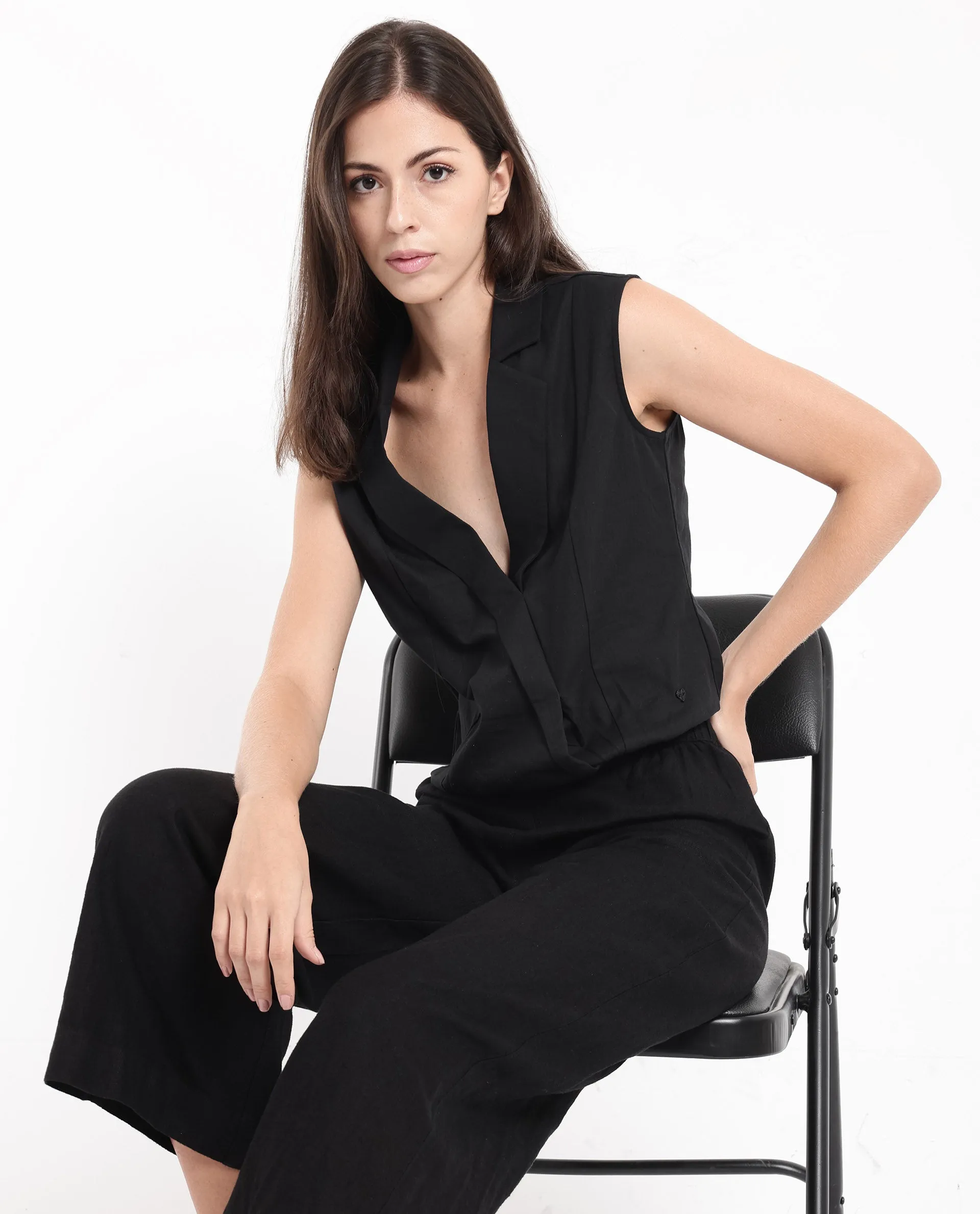 Rareism Women Lolia Black Sleeveless Lapel Neck Plain Top