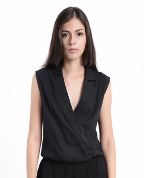 Rareism Women Lolia Black Sleeveless Lapel Neck Plain Top