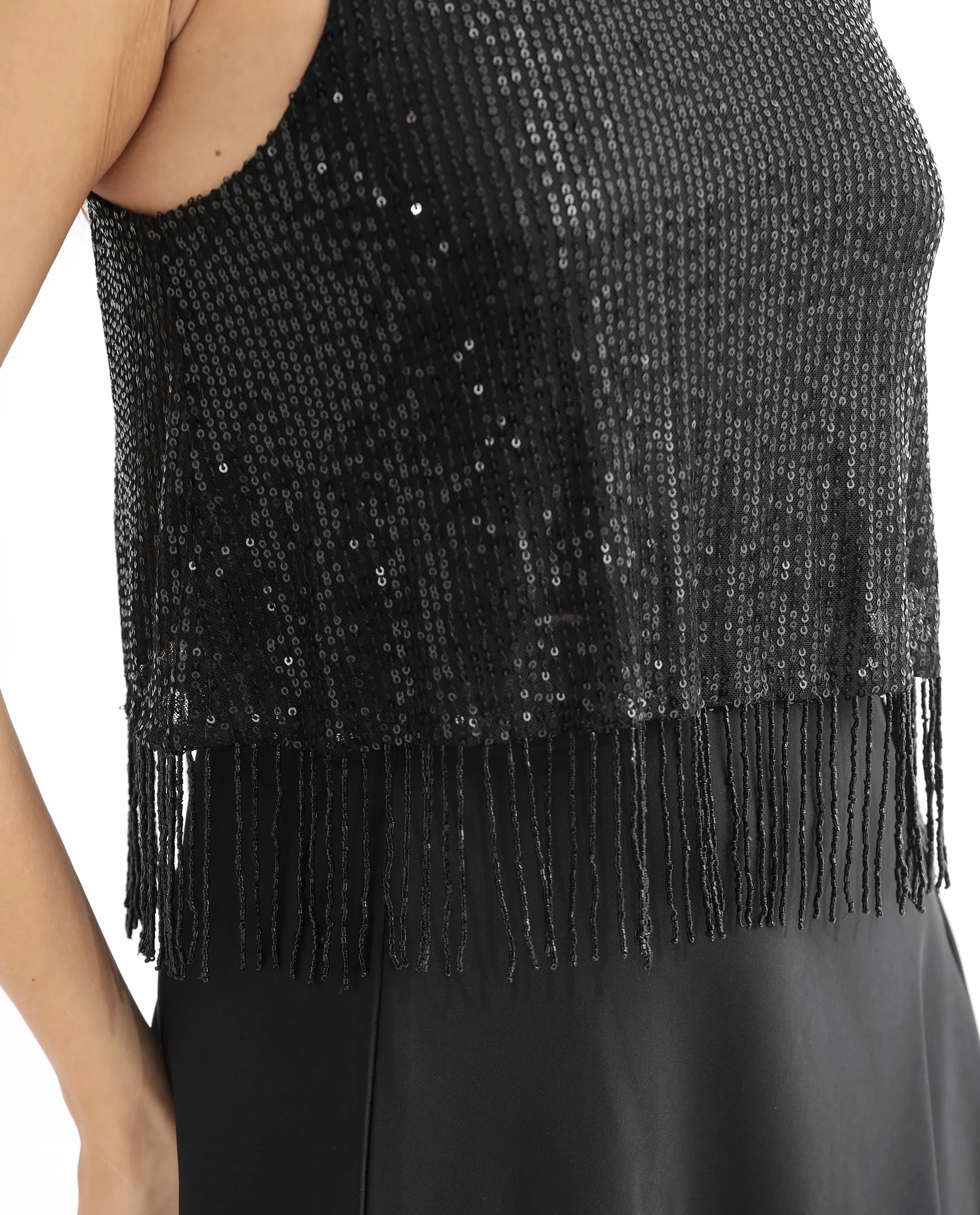 Rareism Women Lovia Black Nylon Fabric Regular Fit Halter Neck Sleeveless Sequined Top