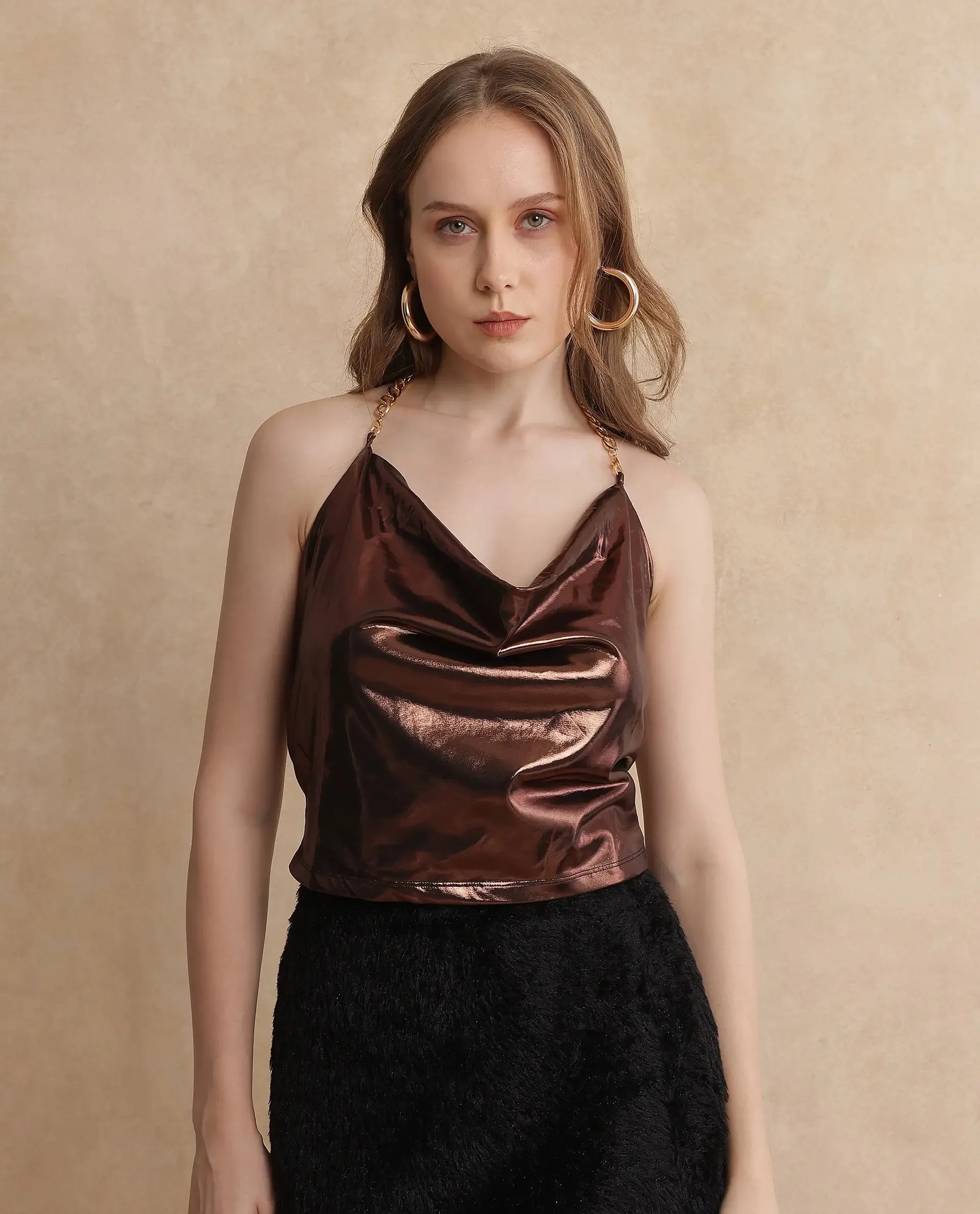 Rareism Women Manda Metallic Brown Polyester Fabric Sleeveless Cowl Neck Fitted Cropped Plain Top