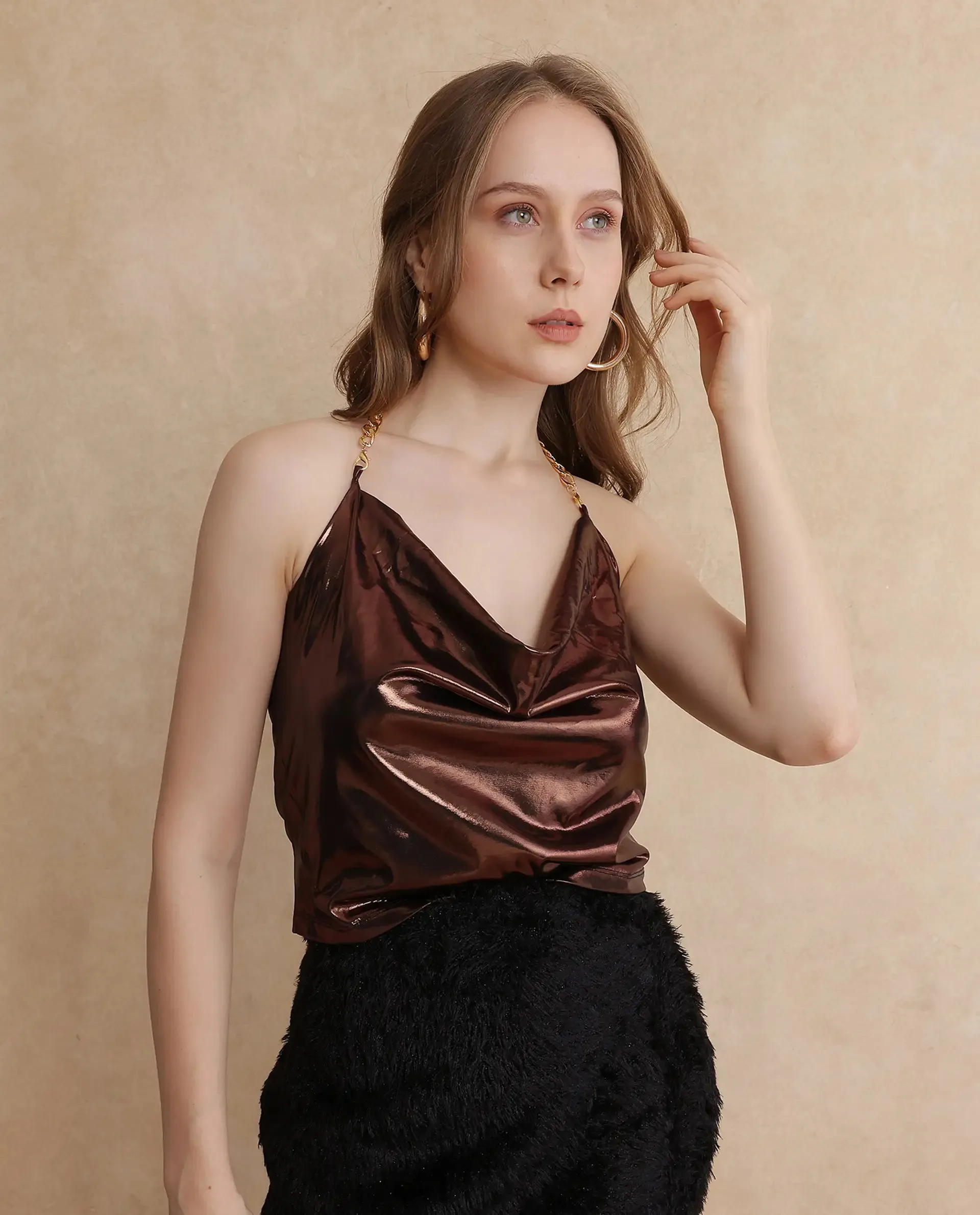 Rareism Women Manda Metallic Brown Polyester Fabric Sleeveless Cowl Neck Fitted Cropped Plain Top