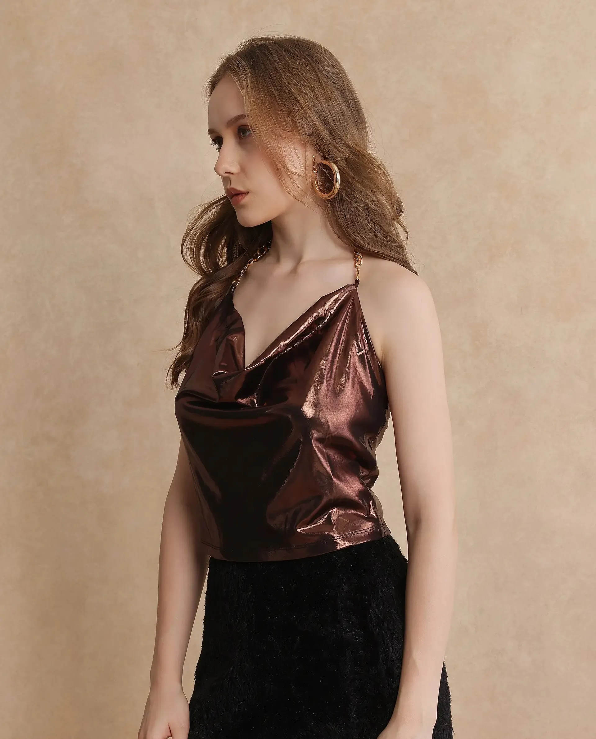 Rareism Women Manda Metallic Brown Polyester Fabric Sleeveless Cowl Neck Fitted Cropped Plain Top