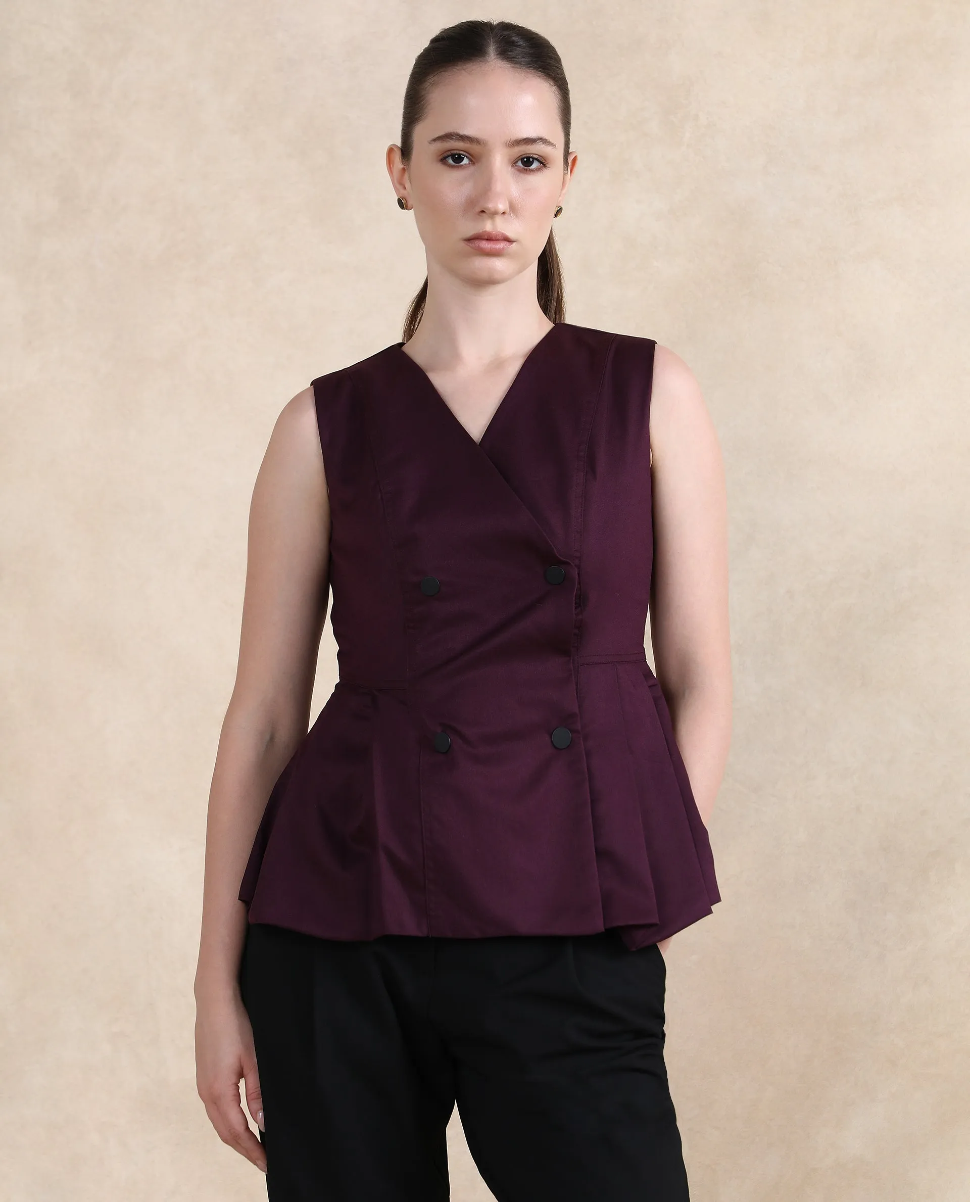 Rareism Women Rysa Purple Sleeveless V-Neck Button Closure Fit And Flare Plain Top