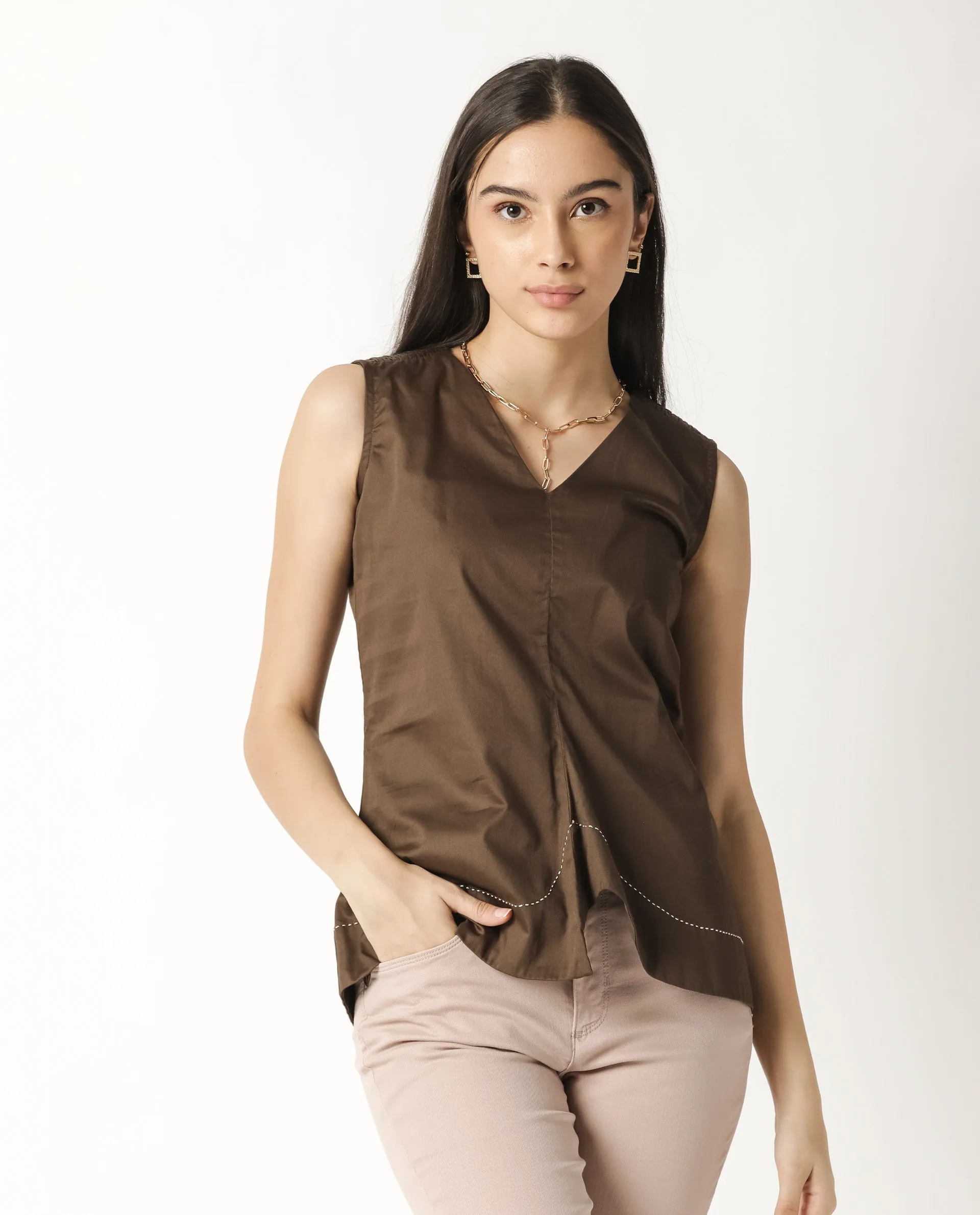 Rareism Women Simi Brown Cotton Fabric Regular Fit V-Neck Sleeveless Solid Top