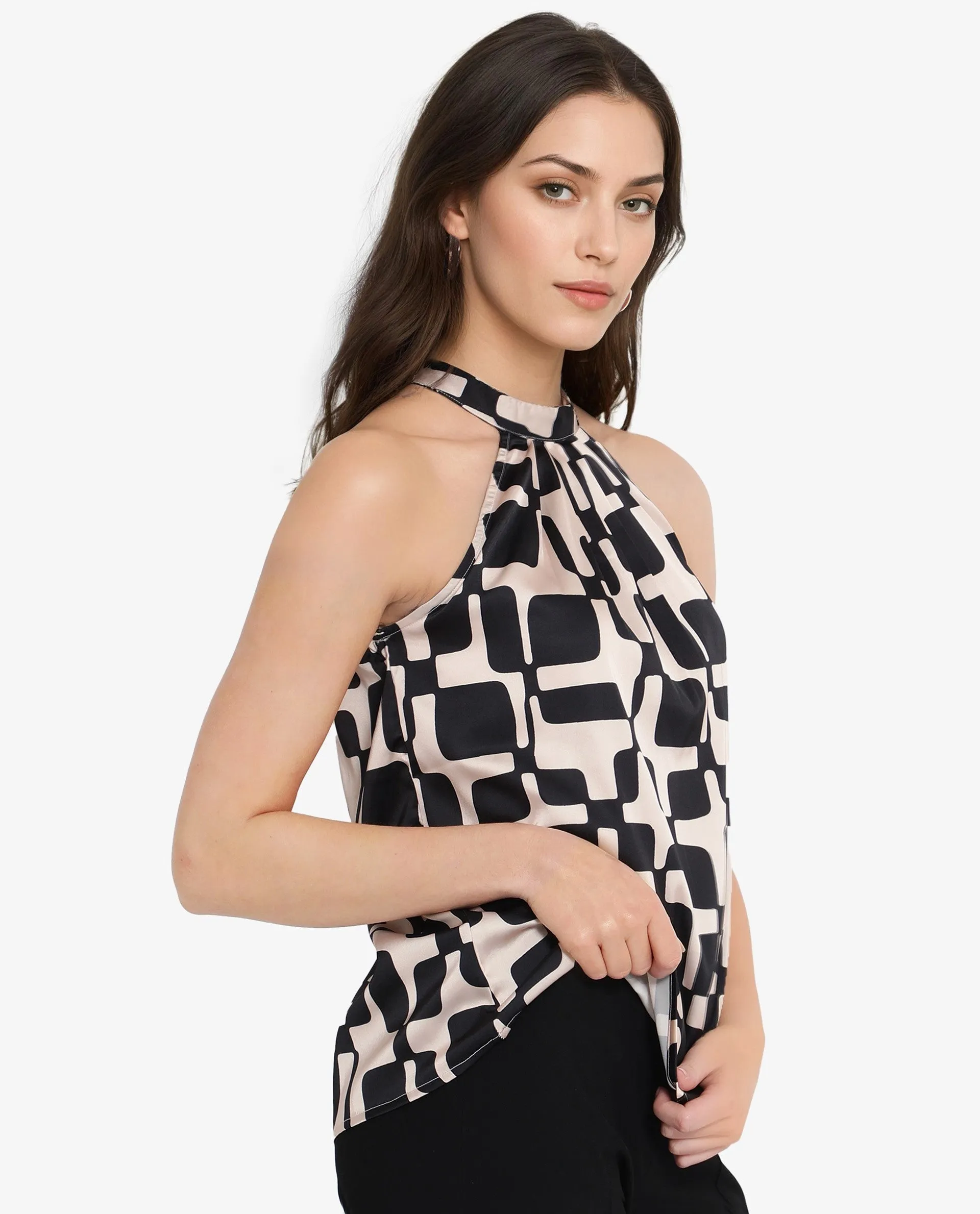 Rareism Women Trapani Black Button Closure Sleeveless Halter Neck Geometric Print Top