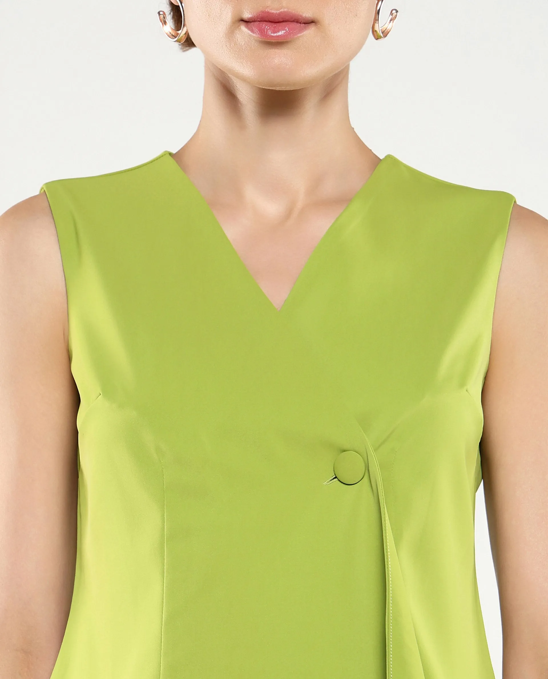 Rareism Women Tuika Flouroscent Green Satin Sleeveless Over Lap Neck Button Closure Plain Top