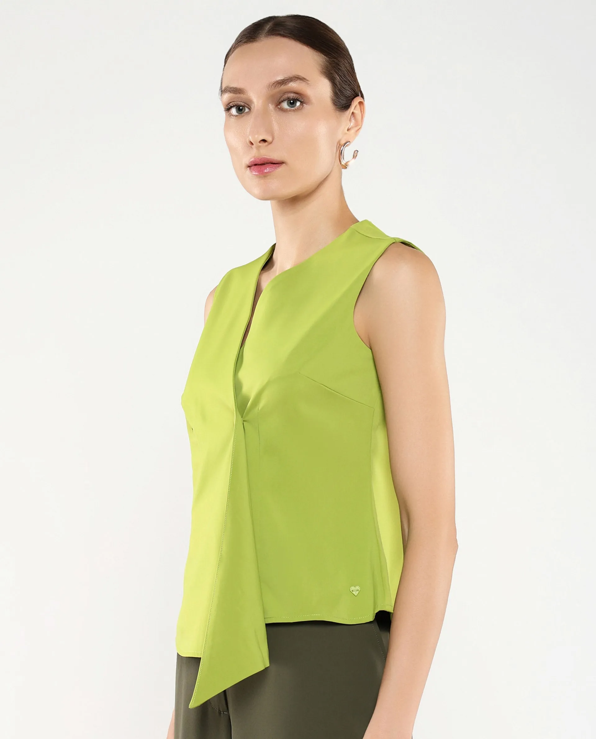 Rareism Women Tuika Flouroscent Green Satin Sleeveless Over Lap Neck Button Closure Plain Top