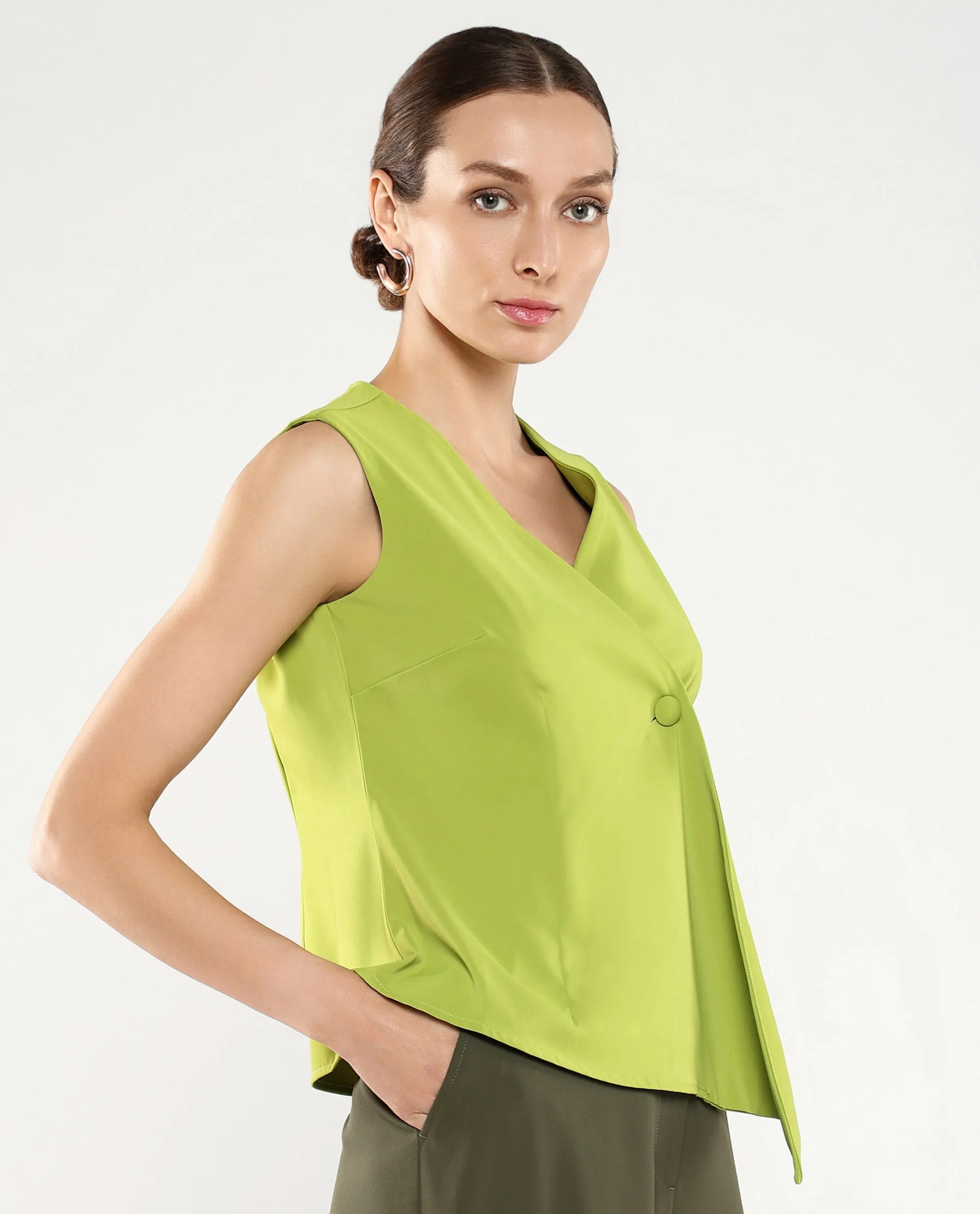 Rareism Women Tuika Flouroscent Green Satin Sleeveless Over Lap Neck Button Closure Plain Top