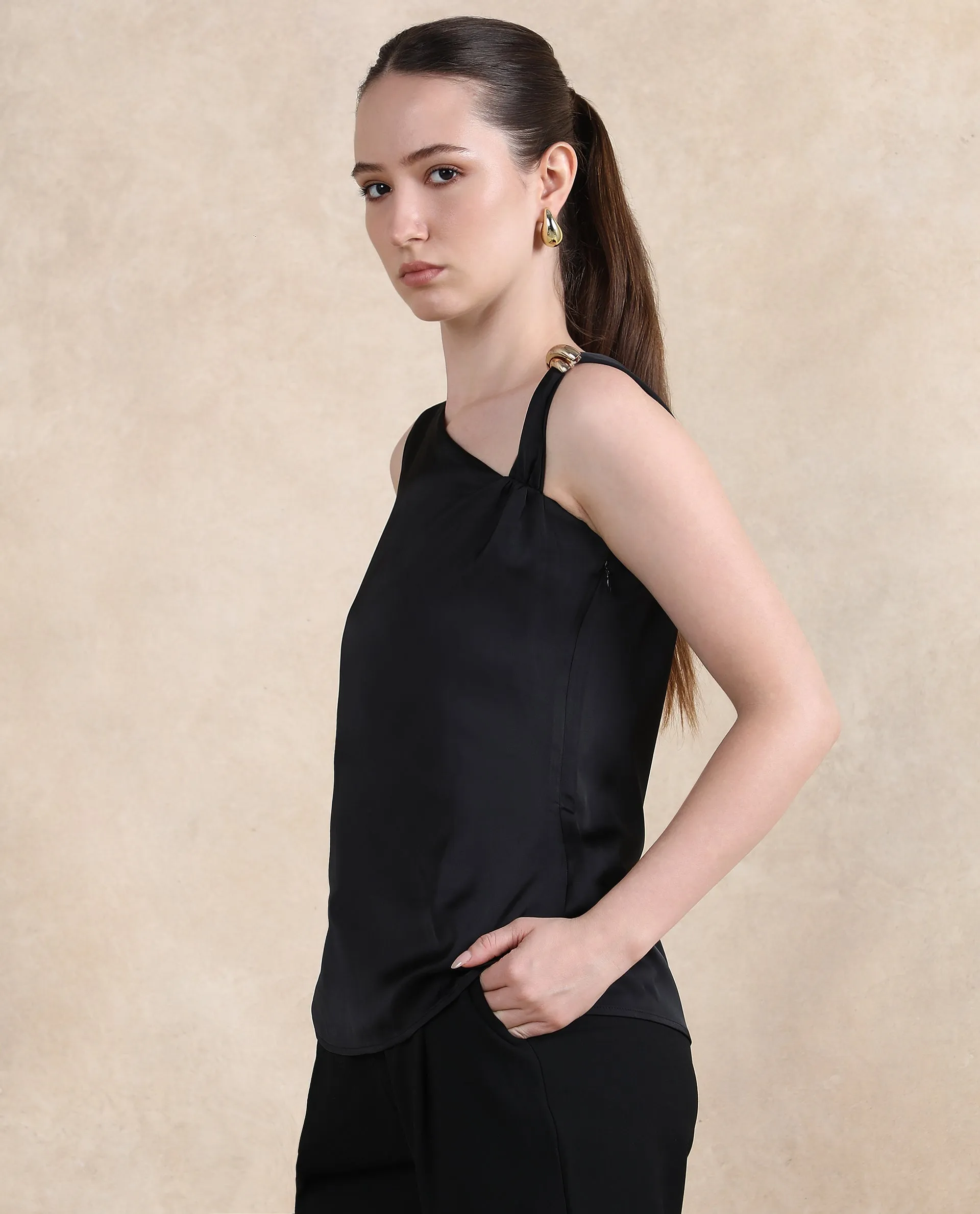 Rareism Women Vaxter Black Sleeveless Asymmetric Neck Zipper Closure Plain Top