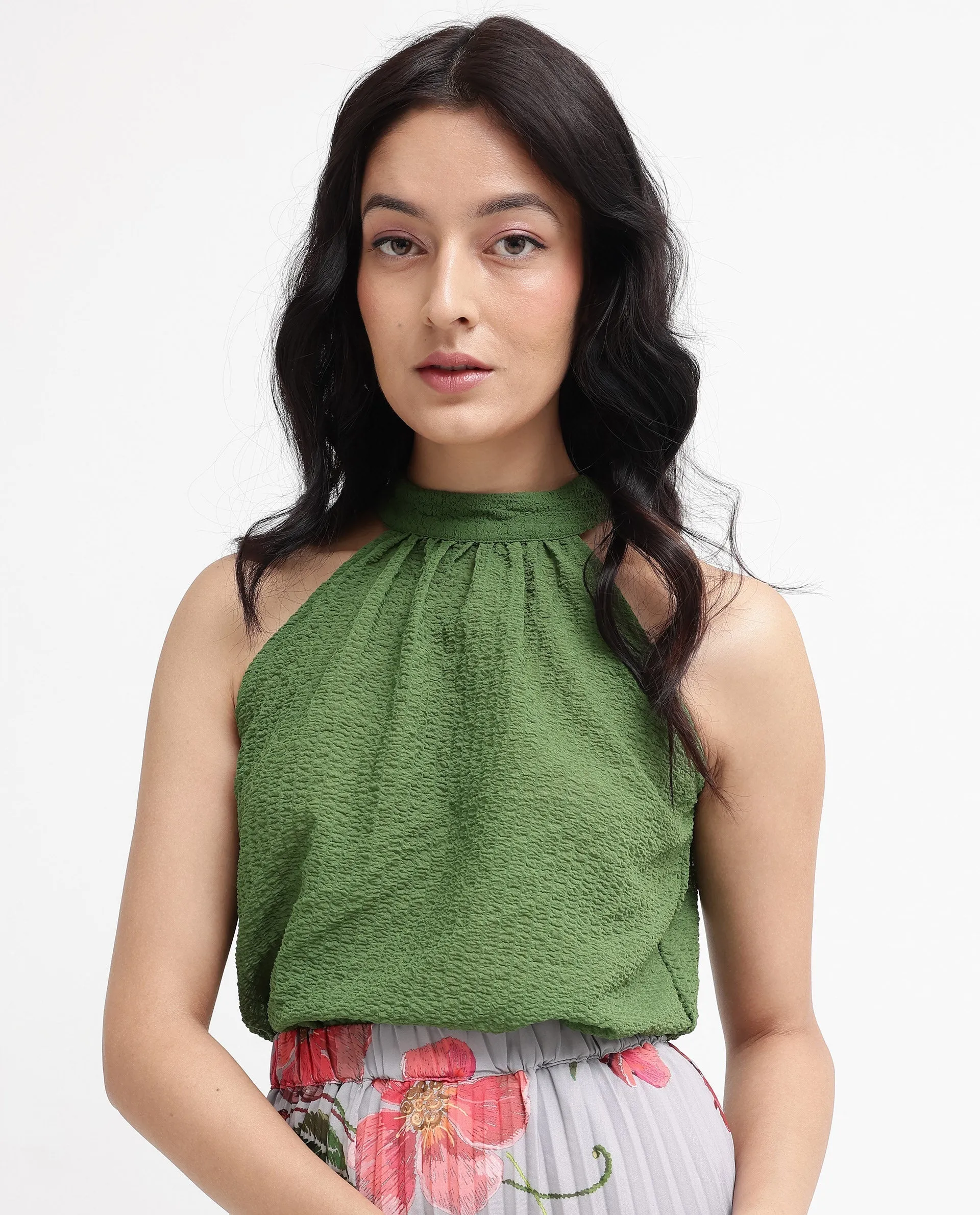 Rareism Women Vicenza Dark Green Sleeveless Halter Neck Plain Top