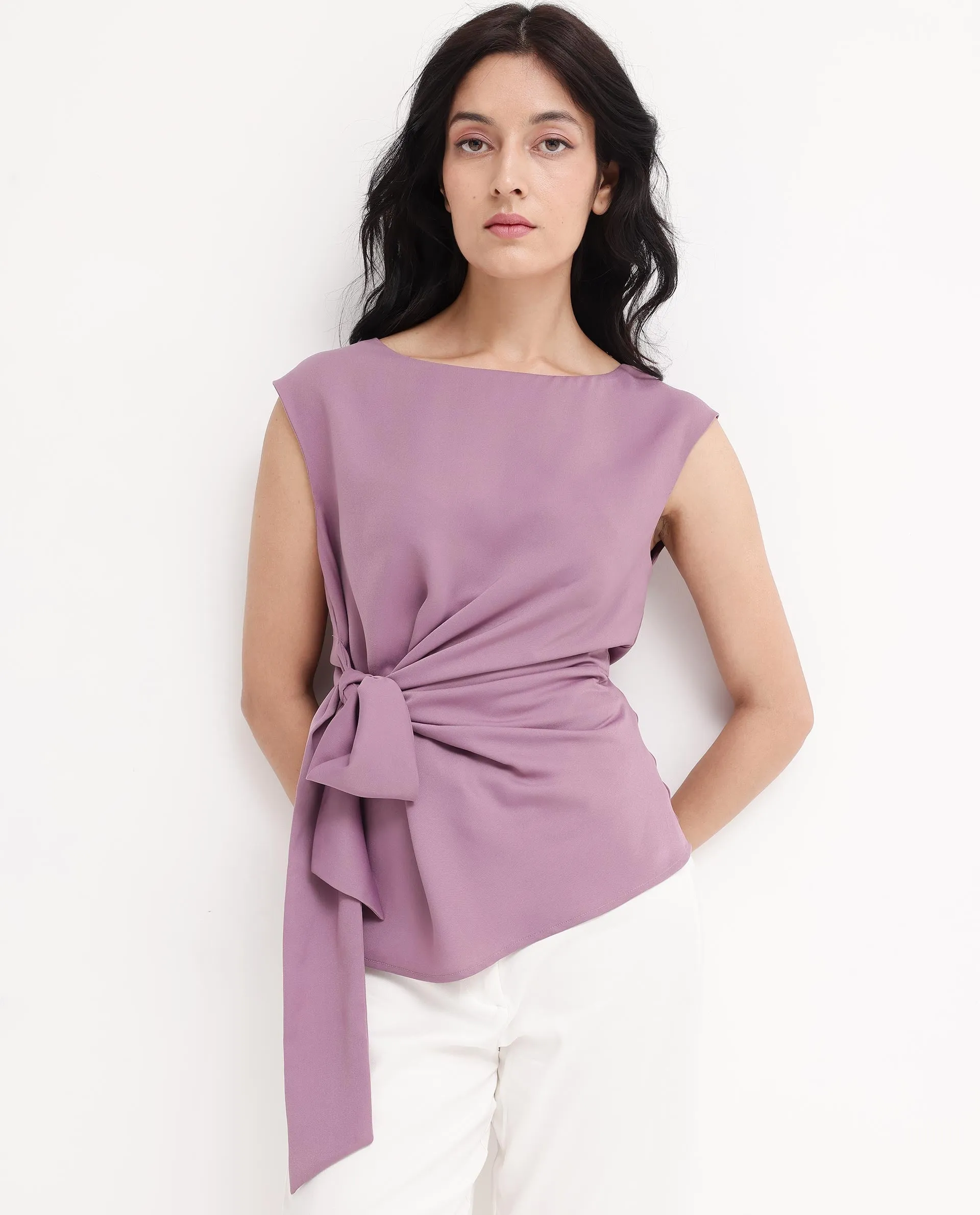 Rareism Women Wevillet Pastel Purple Sleeveless Boat Neck Plain Top