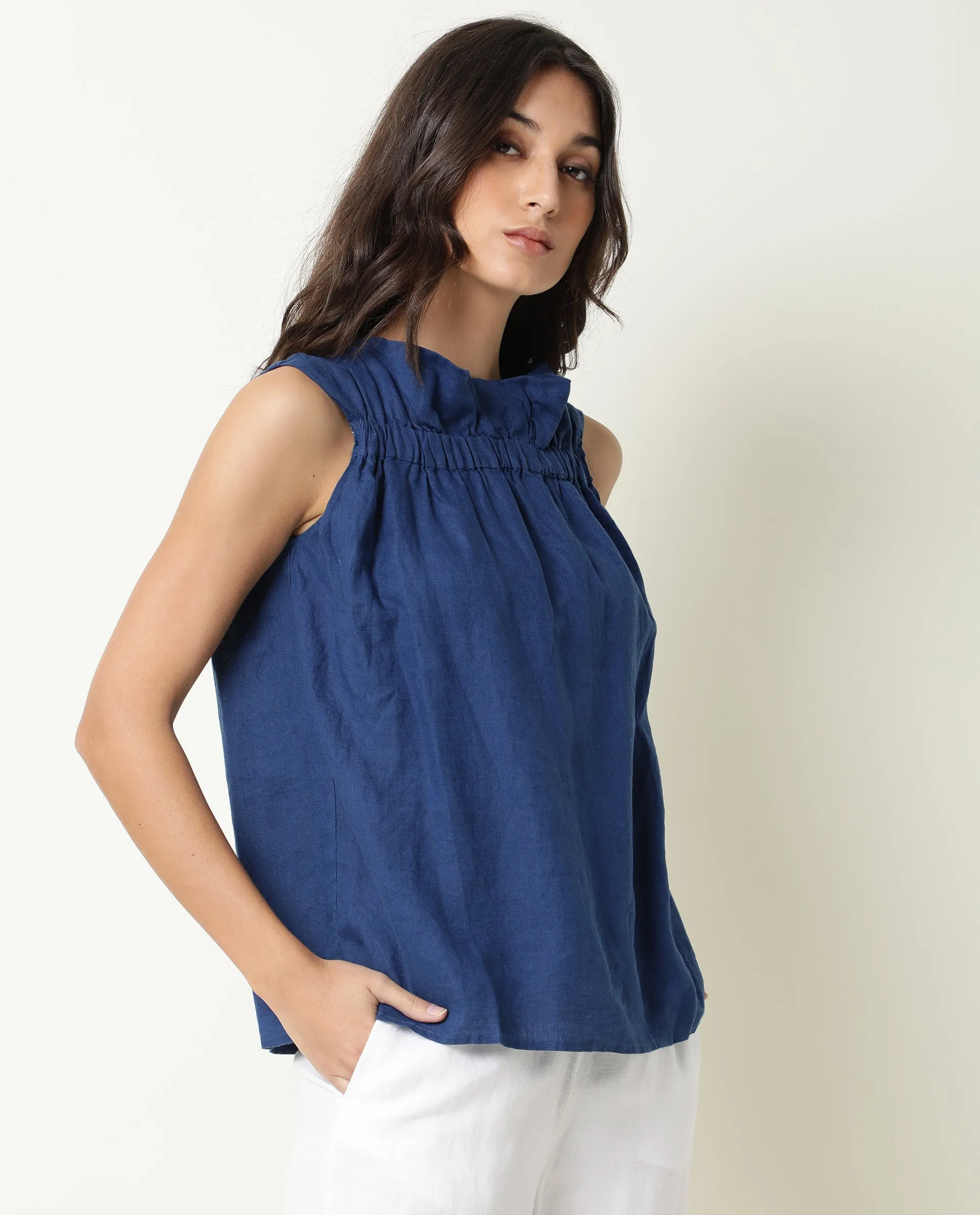 Rareism Womens Flash Blue Top Cotton Linen Fabric Regular Fit Sleeveless Round Neck