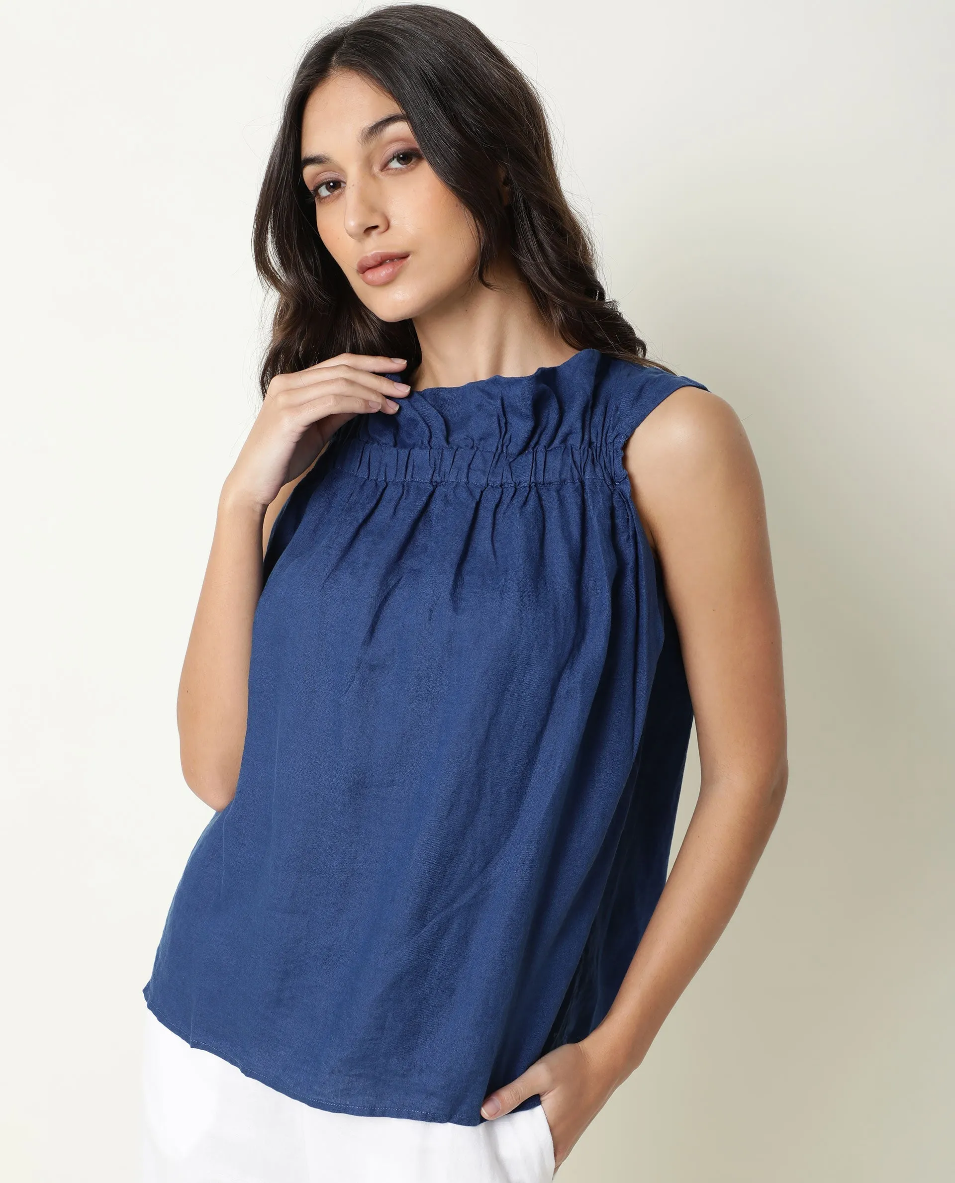 Rareism Womens Flash Blue Top Cotton Linen Fabric Regular Fit Sleeveless Round Neck