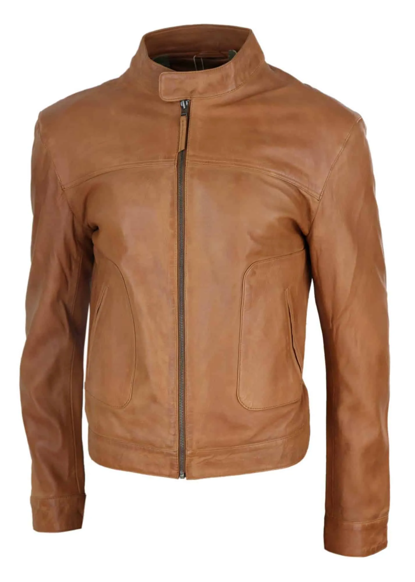 Real Leather Classic Biker Style Mens Jacket - Tan