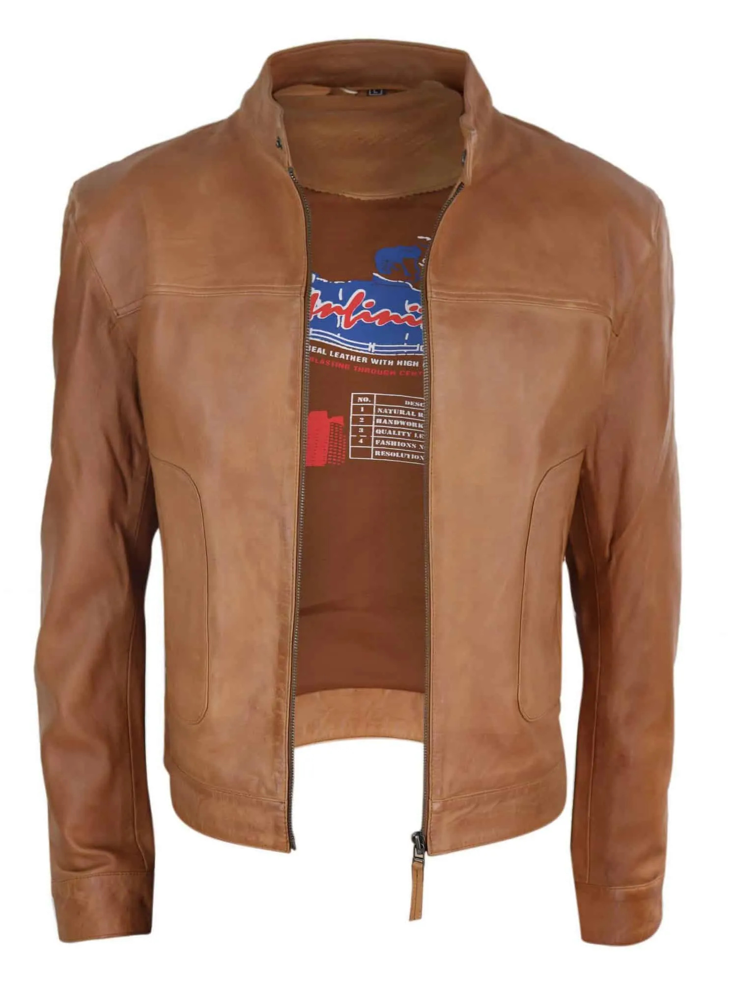 Real Leather Classic Biker Style Mens Jacket - Tan