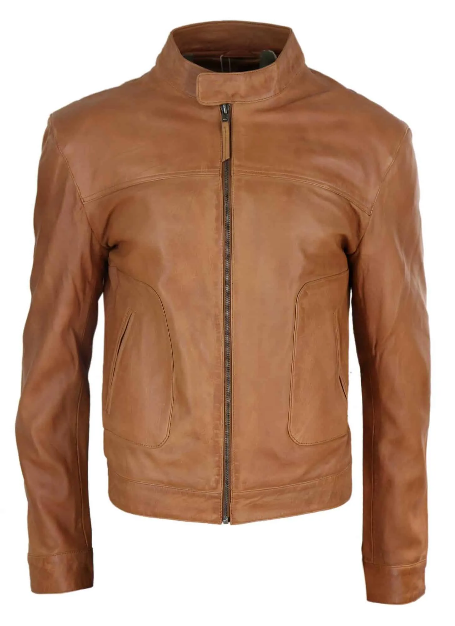 Real Leather Classic Biker Style Mens Jacket - Tan