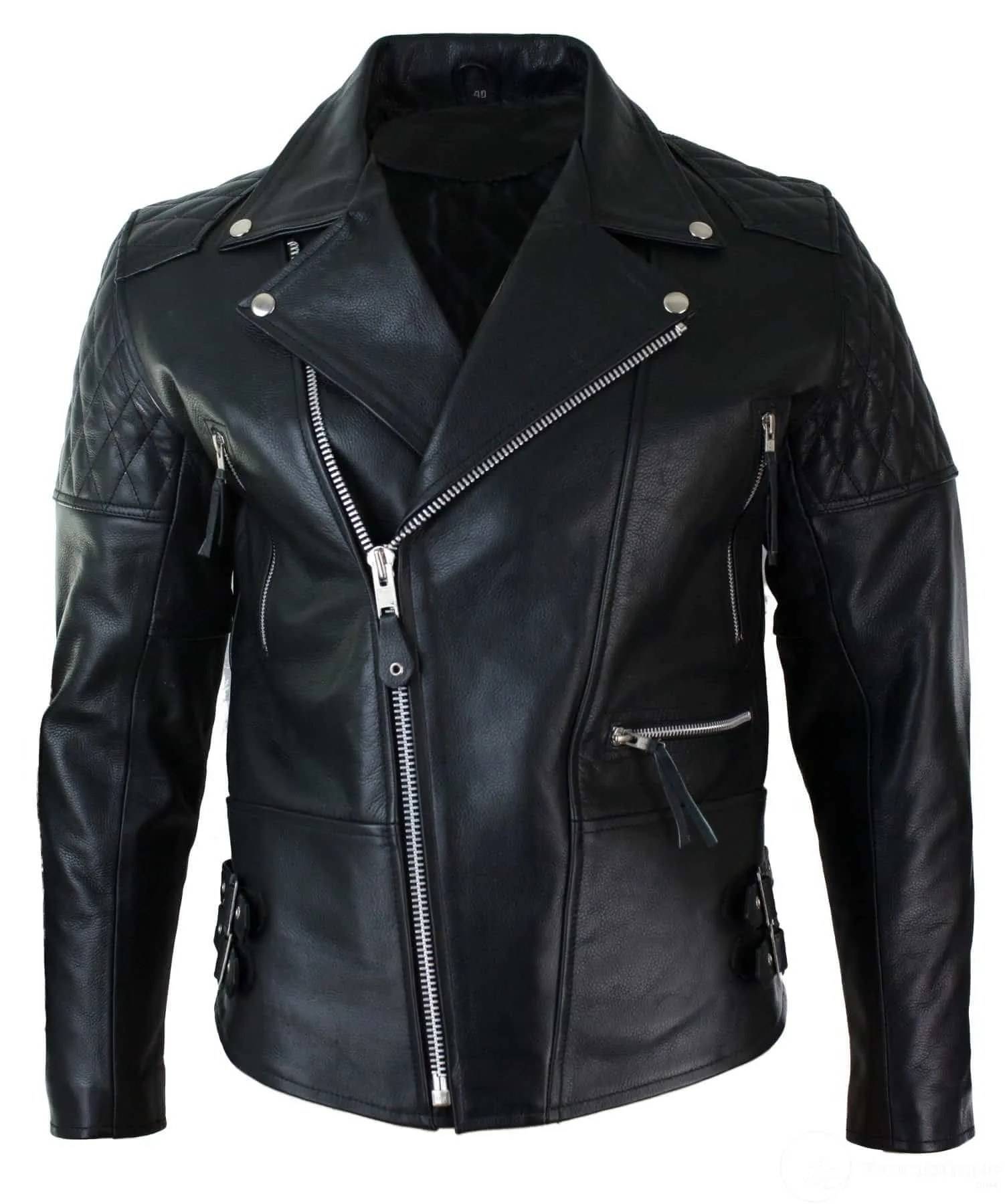 Real Leather Cross Zip Cow Hide Padded Mens Biker Jacket White Black Brando Vintage-Black