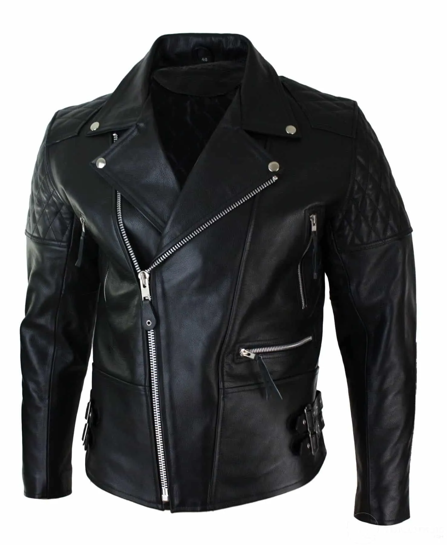 Real Leather Cross Zip Cow Hide Padded Mens Biker Jacket White Black Brando Vintage-Black