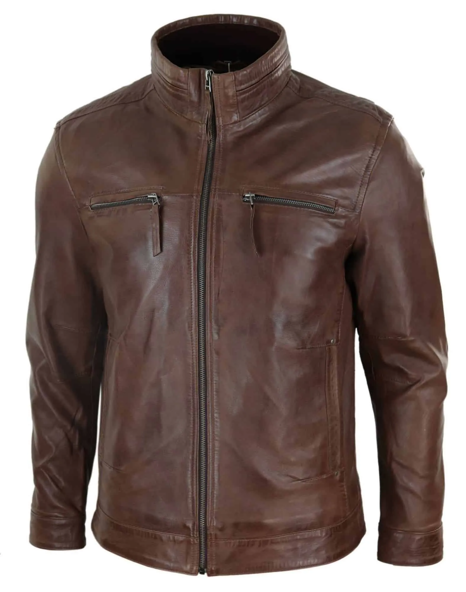 Real Leather Mens High Collar Jacket - Brown