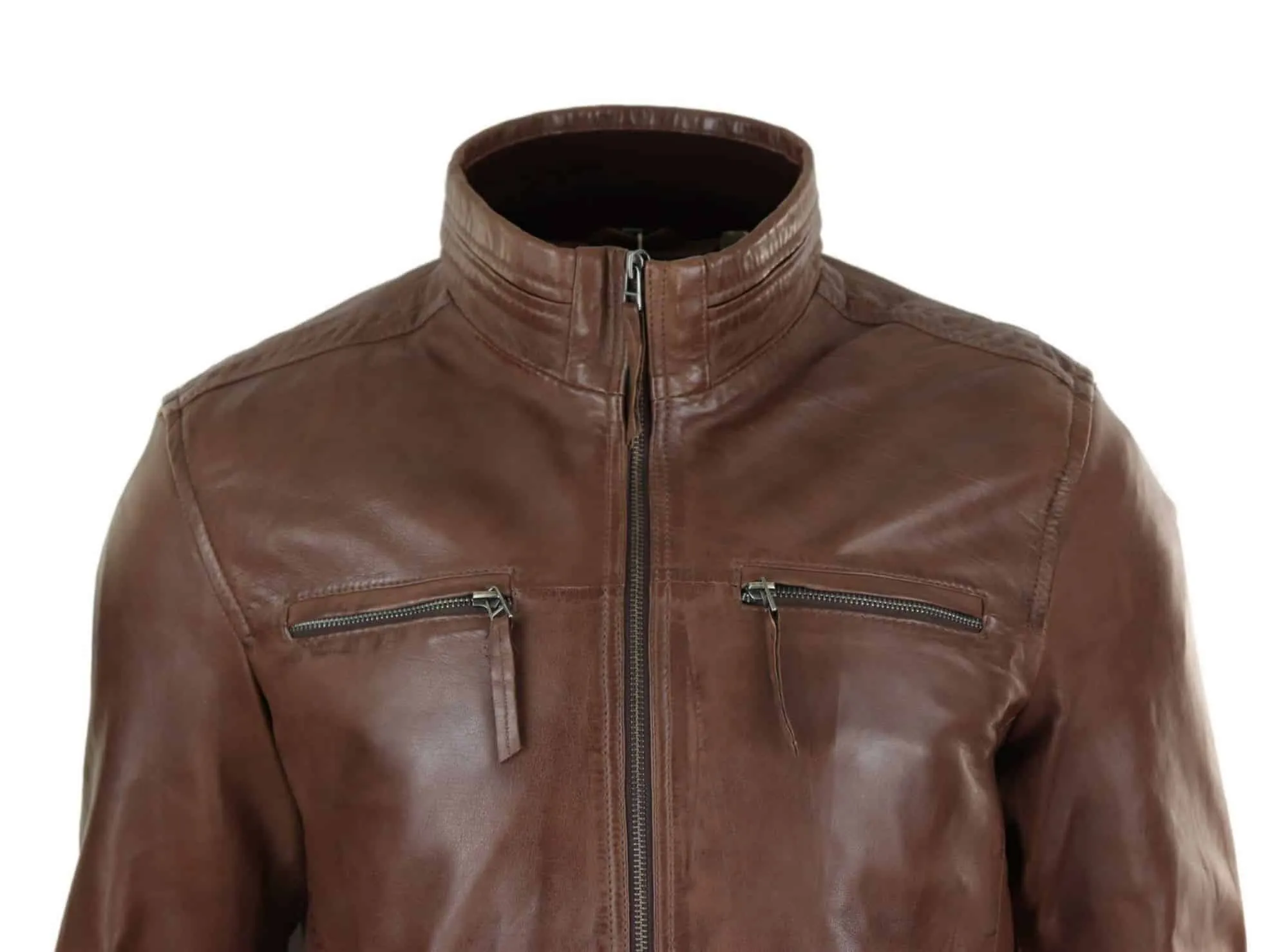 Real Leather Mens High Collar Jacket - Brown