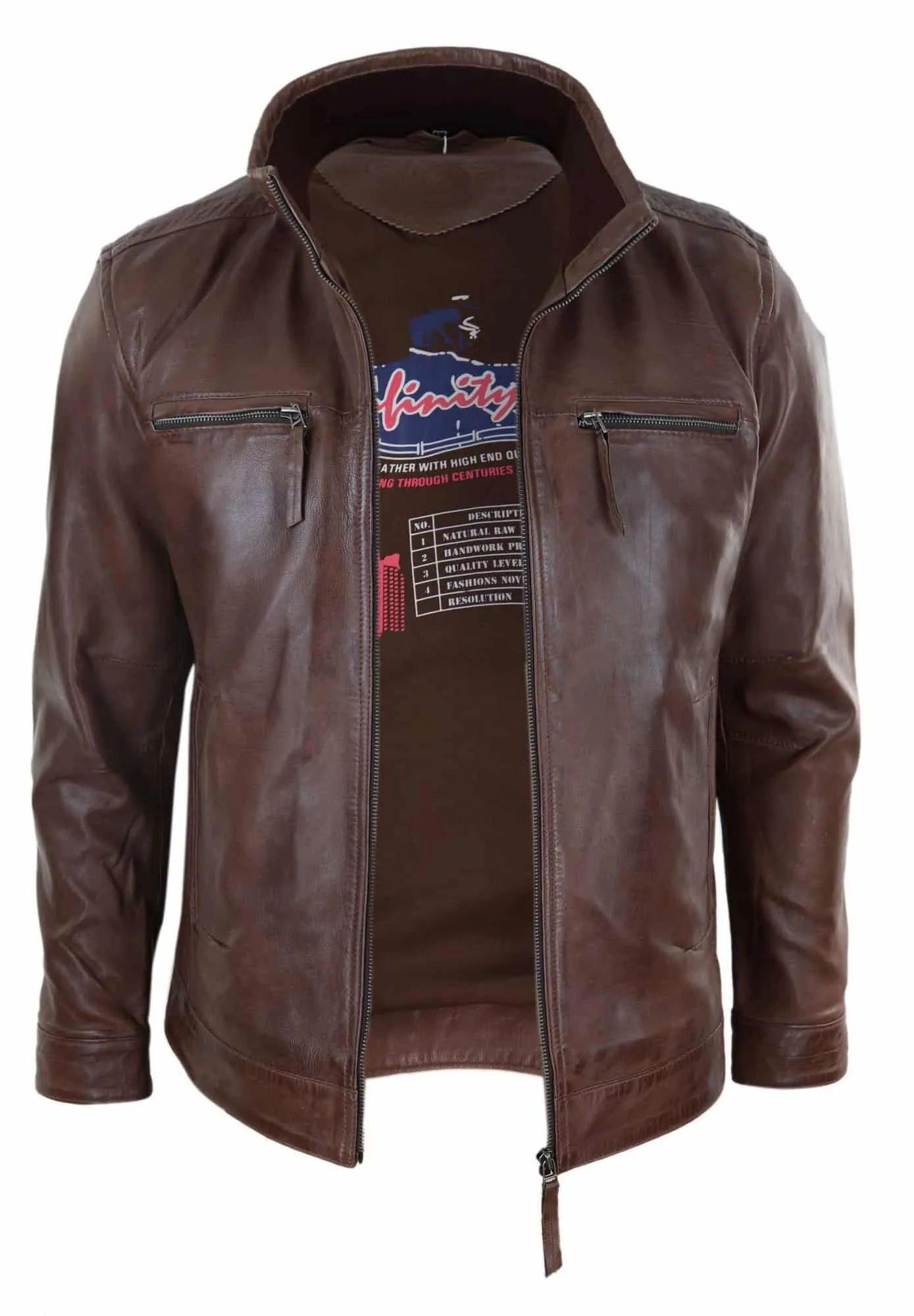 Real Leather Mens High Collar Jacket - Brown