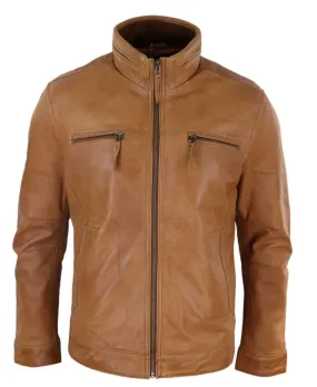 Real Leather Mens High Collar Jacket - Tan