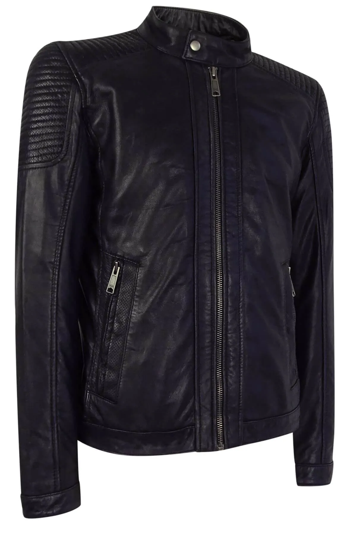 Real Leather Navy-Blue Biker Jacket for Men