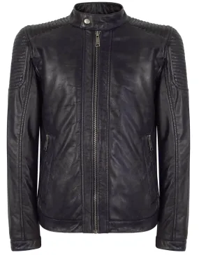 Real Leather Navy-Blue Biker Jacket for Men