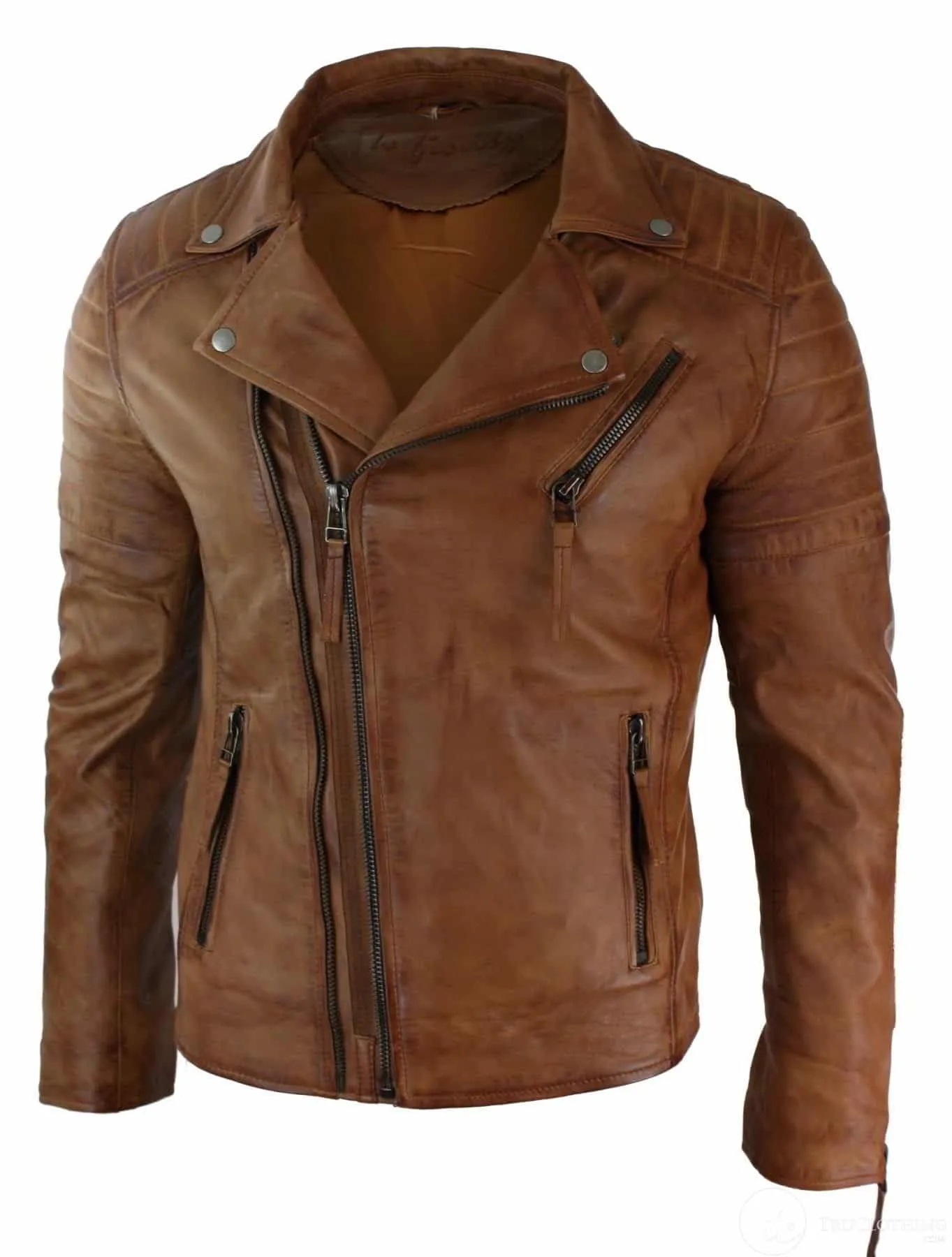 Real Leather Slim Fit Cross Zip Mens Retro Vintage Brando Jacket Vintage Biker-Tan