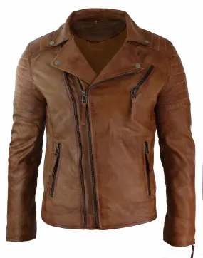 Real Leather Slim Fit Cross Zip Mens Retro Vintage Brando Jacket Vintage Biker-Tan