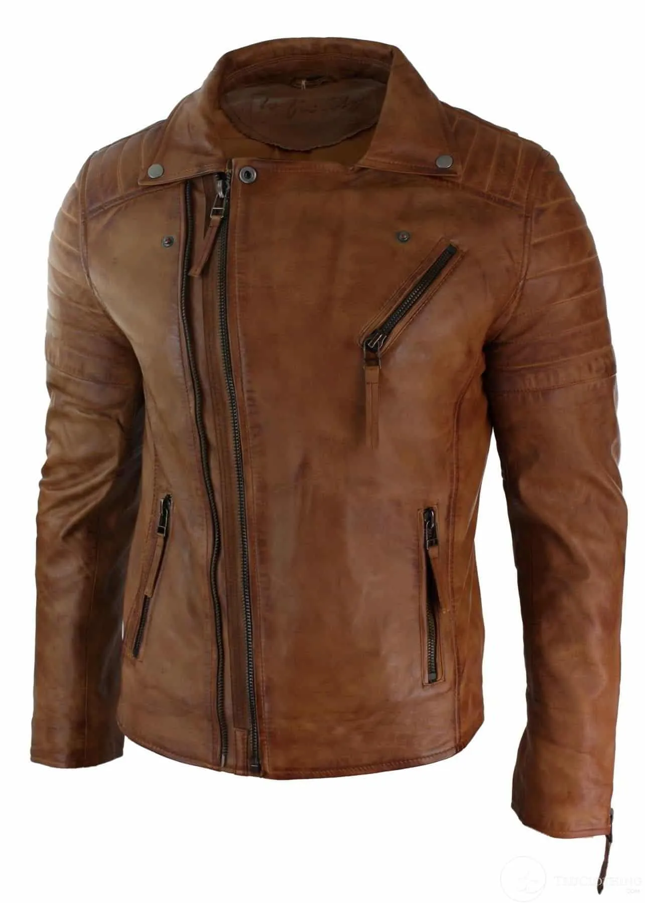 Real Leather Slim Fit Cross Zip Mens Retro Vintage Brando Jacket Vintage Biker-Tan