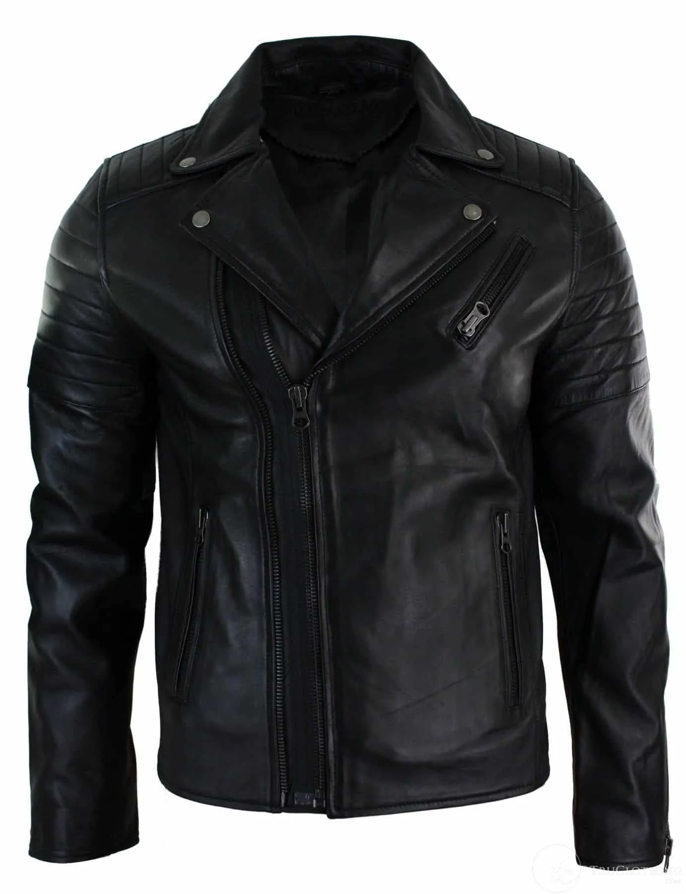 Real Leather Slim Fit Cross Zip Retro Vintage Brando Mens Jacket Vintage Biker-Black