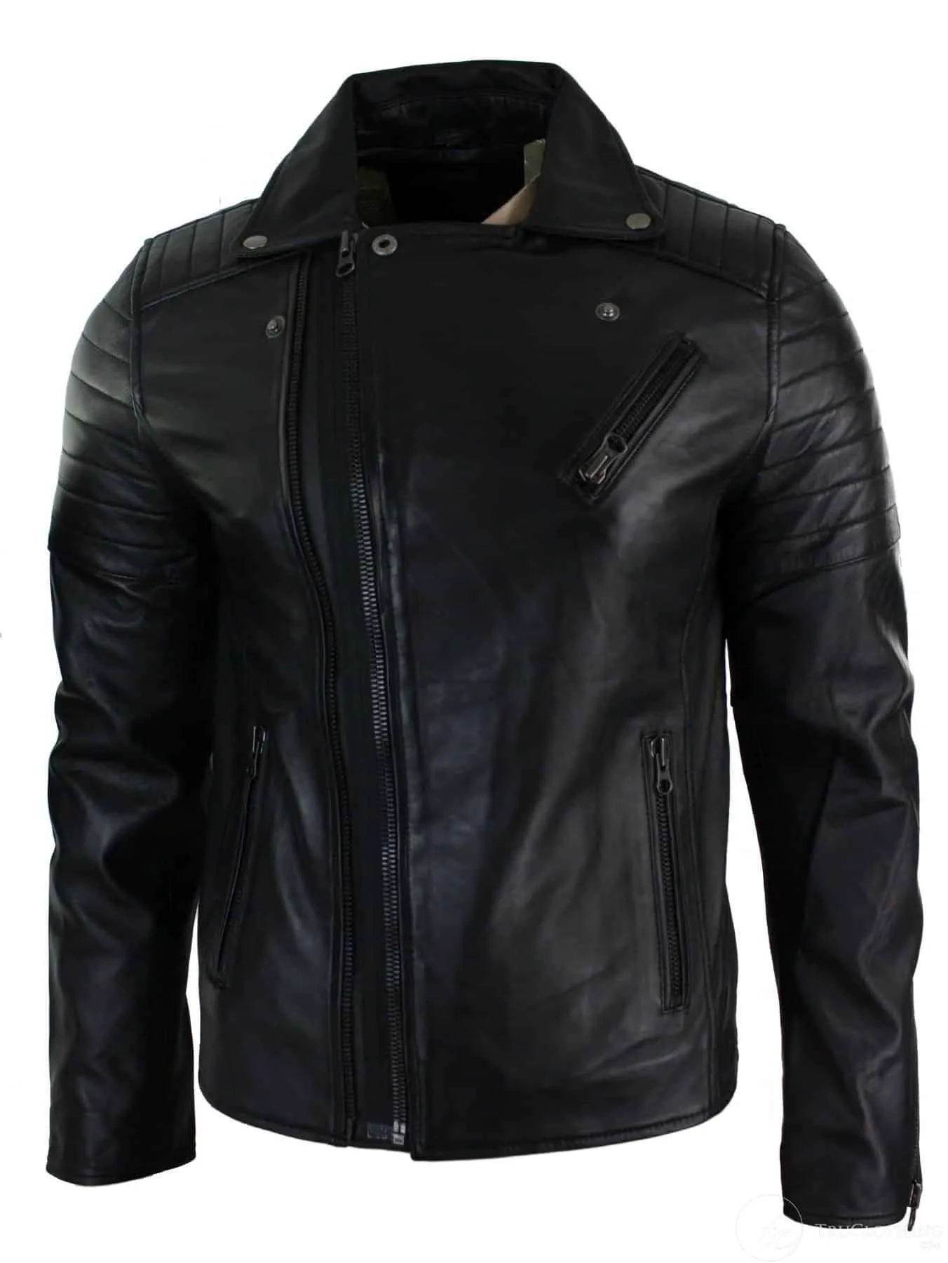 Real Leather Slim Fit Cross Zip Retro Vintage Brando Mens Jacket Vintage Biker-Black