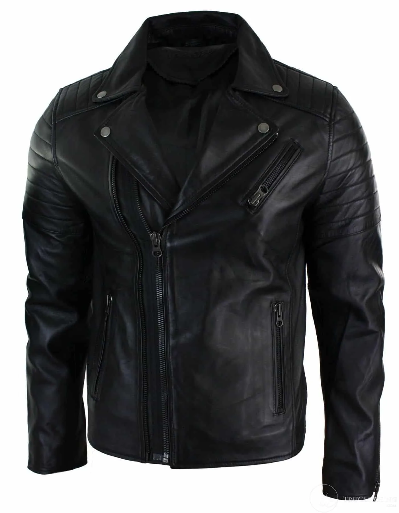 Real Leather Slim Fit Cross Zip Retro Vintage Brando Mens Jacket Vintage Biker-Black